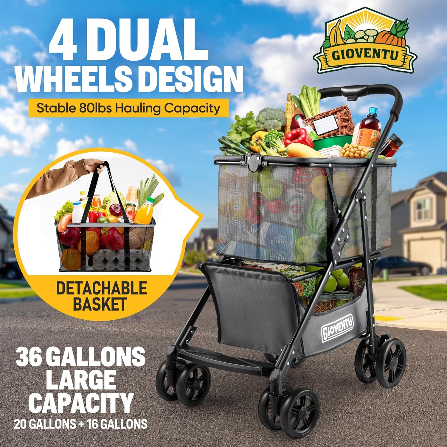 80lbs Multi Use Grocery Carts with 360° Wheels & Removable Bag One-Click Folding