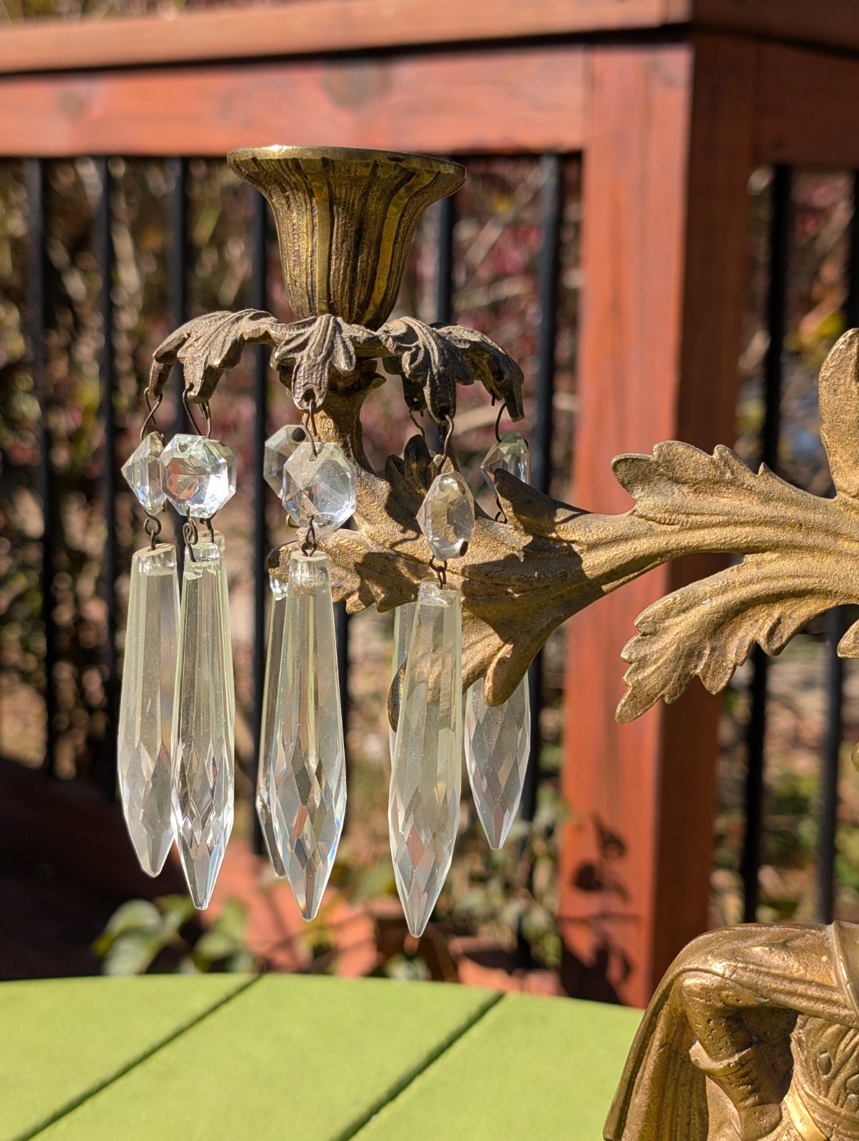 ANTIQUE VICTORIAN BRASS 3 ARM CANDELABRA WITH CRYSTALS & A MARBLE BASE