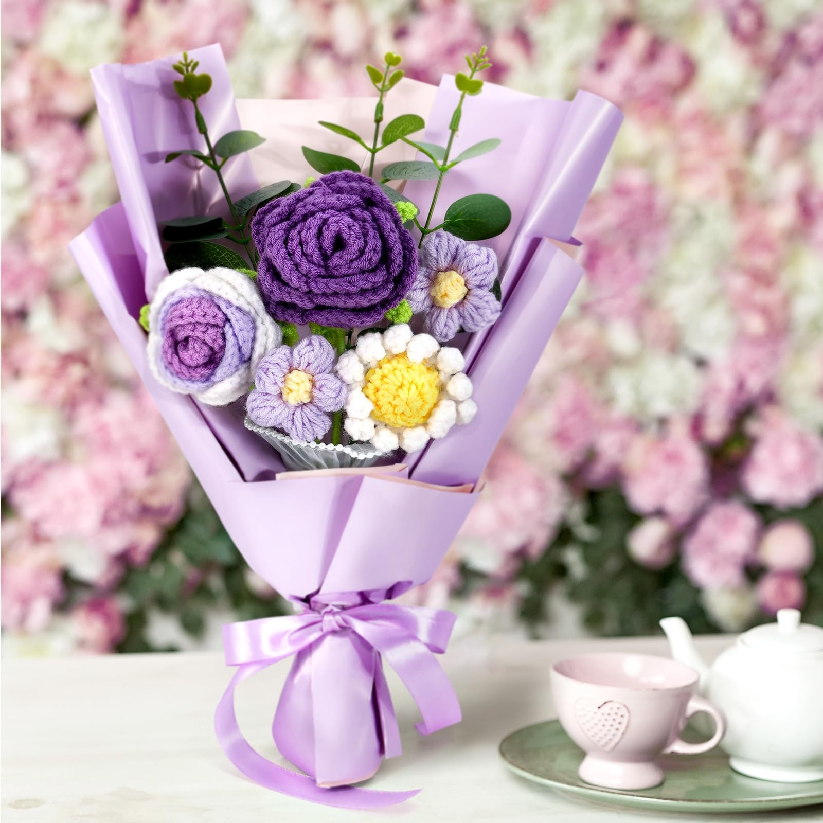 Omldggr Crochet Flowers Bouquet, Knitted 14 x 7.8 x 2.4 inches, Purple-rose