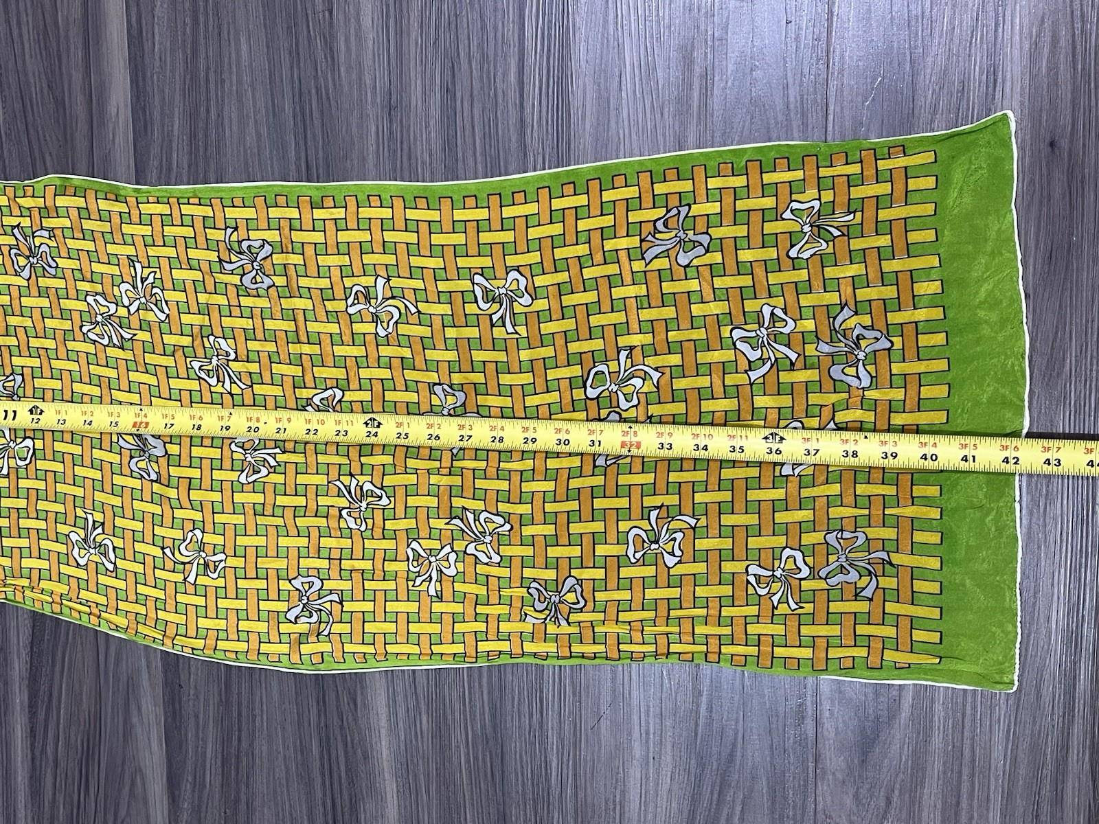 Vintage Unbranded Rectangle Woven Basket Pattern Bows Green Yellow Orange Scarf