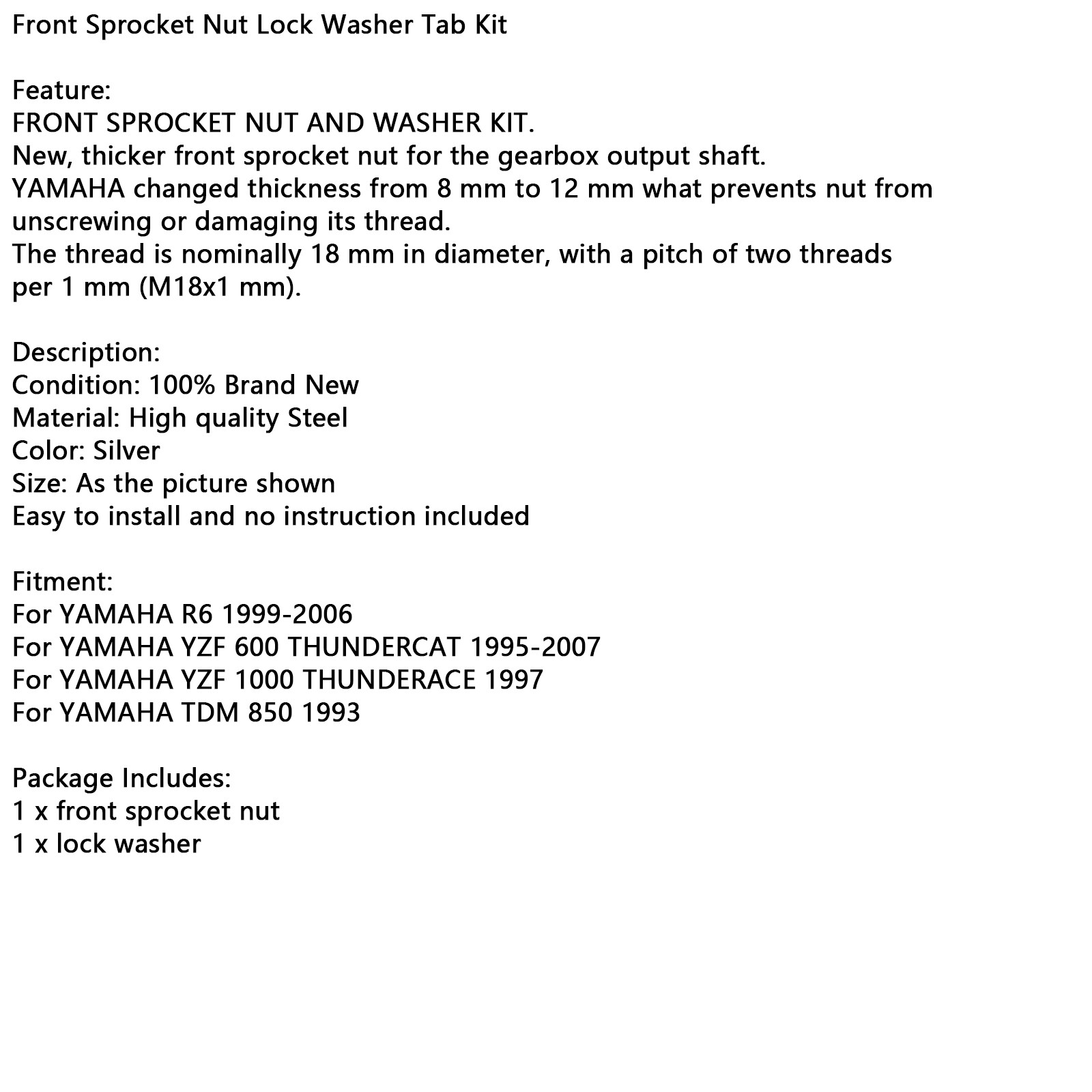 Front Sprocket Nut Lock Washer Tab Kit For YAMAHA R6 YZF 600 1000 TDM 850 US