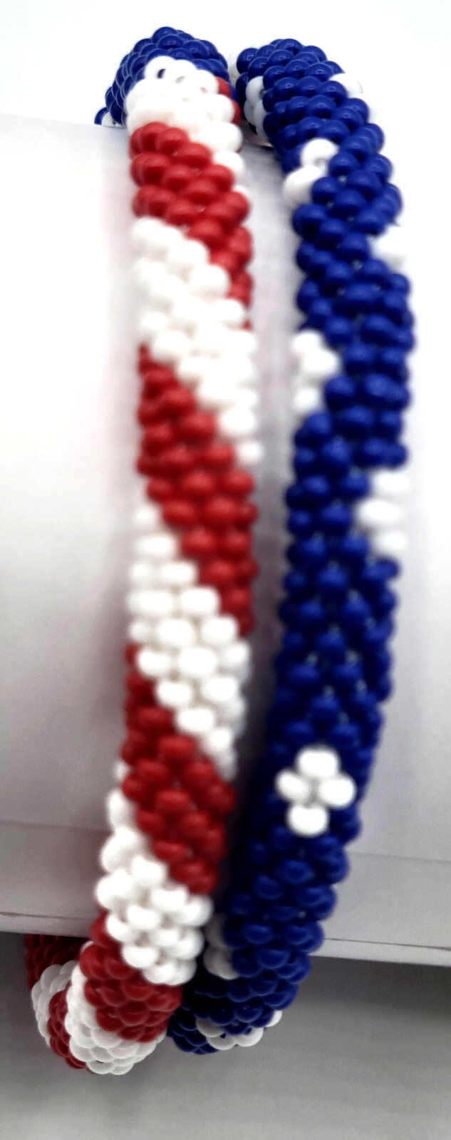 Set of 2 Patriotic USA Flag Crochet Glass Bracelets, Red White Blue