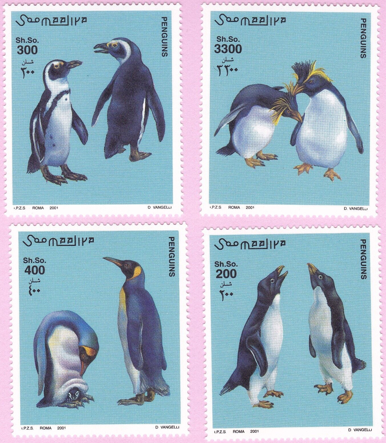 2001 PENGUINS STAMP SET 4 SINGLES BIRDS WILDLIFE ANIMAL SOMALIA UNUSED POSTAGE
