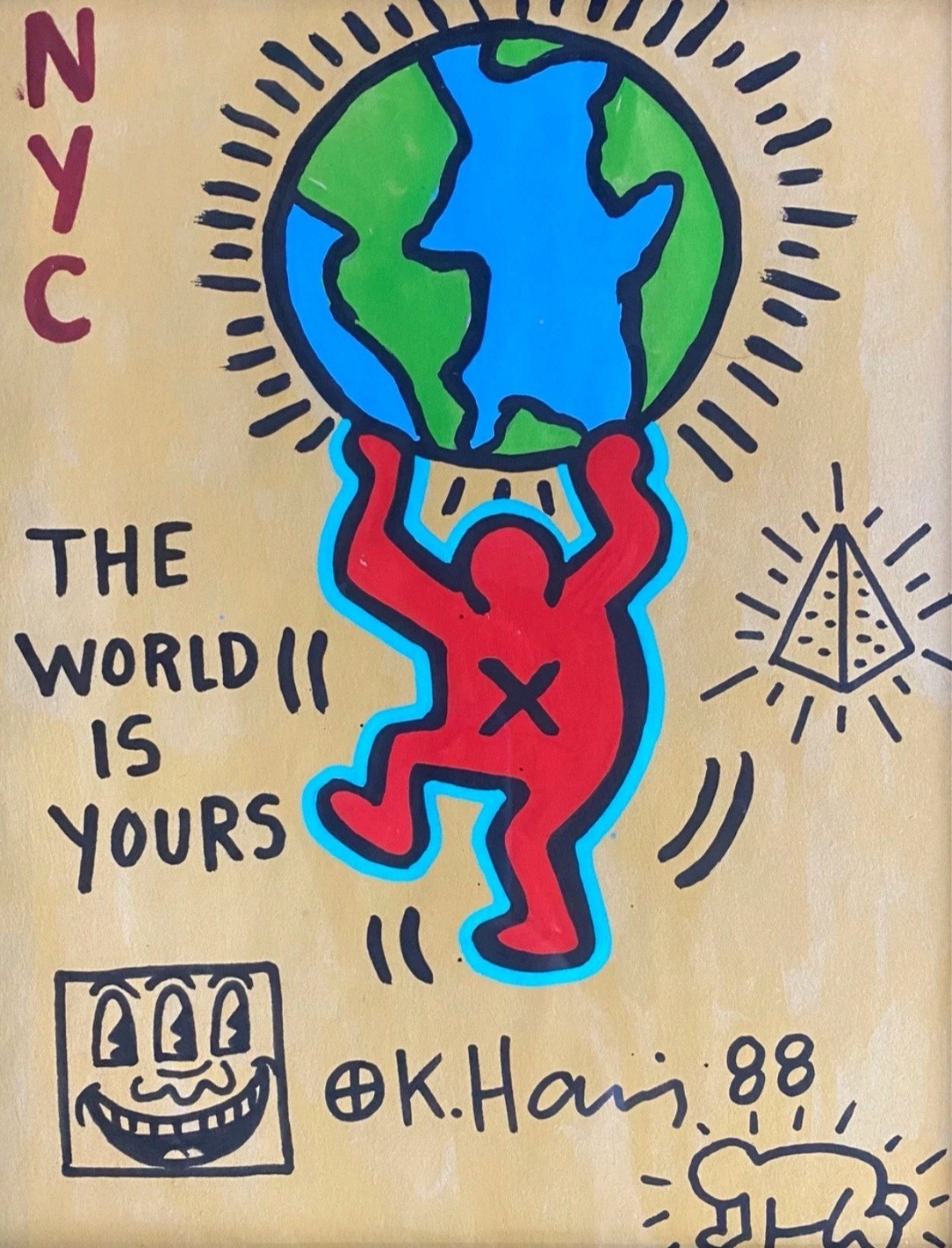 Keith Haring Drawing on Vintage Unique Paper SIGNED NYC