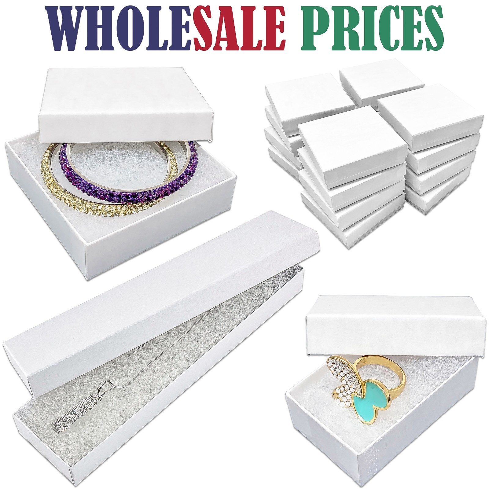 BULK Cardboard Kraft Paper JEWELRY GIFT BOXES Cotton Filled WHITE - for Shipping