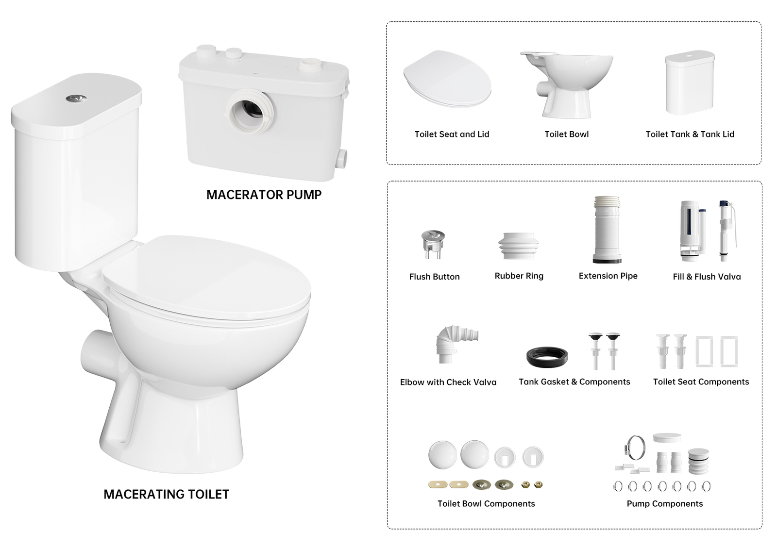 500W Upflush Macerating Toilet System Dual Flush for Basement with 4 Water Inlet