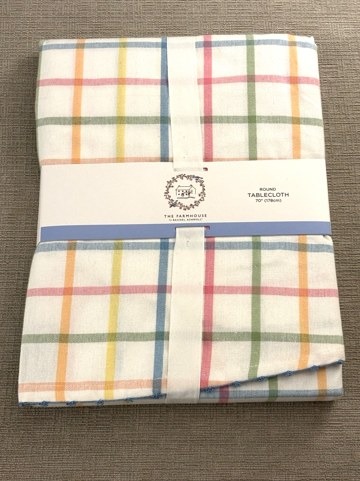Rachel Ashwell Farmhouse Pastel Plaid 70" Round Tablecloth with Trim - NWT