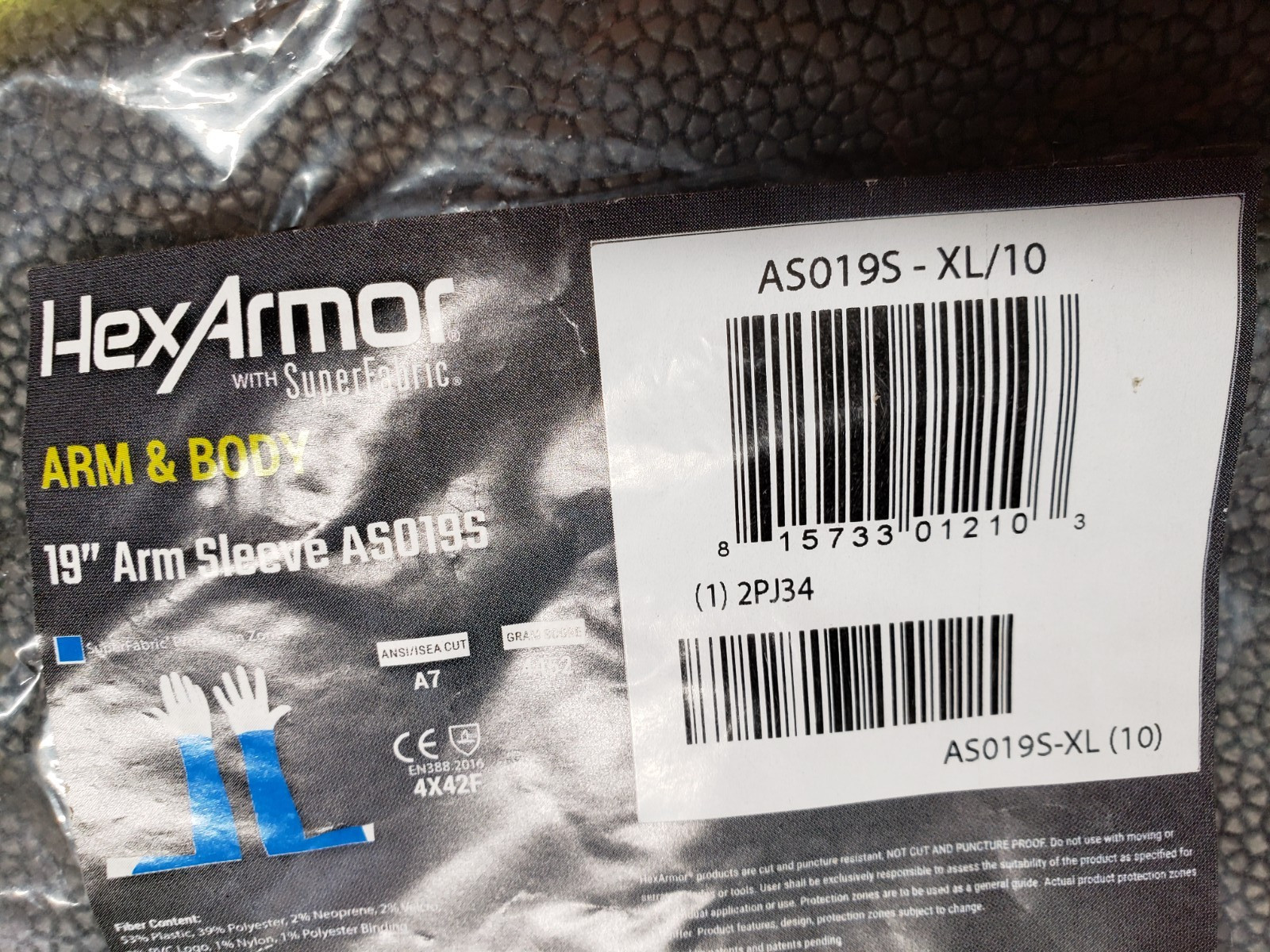 HexArmor SuperFabric 19” Arm Sleeve-AS019S-XL/10 Cut/Puncture Resistant (Qty. 2)