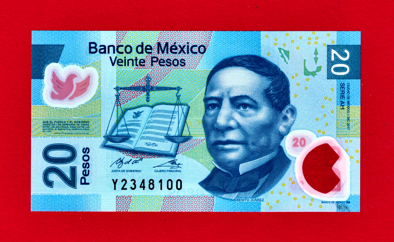 MEXICO 20 pesos 2017 UNC Polymer (P-122AH) BENITO JUAREZ - Sign: León & Rabiela
