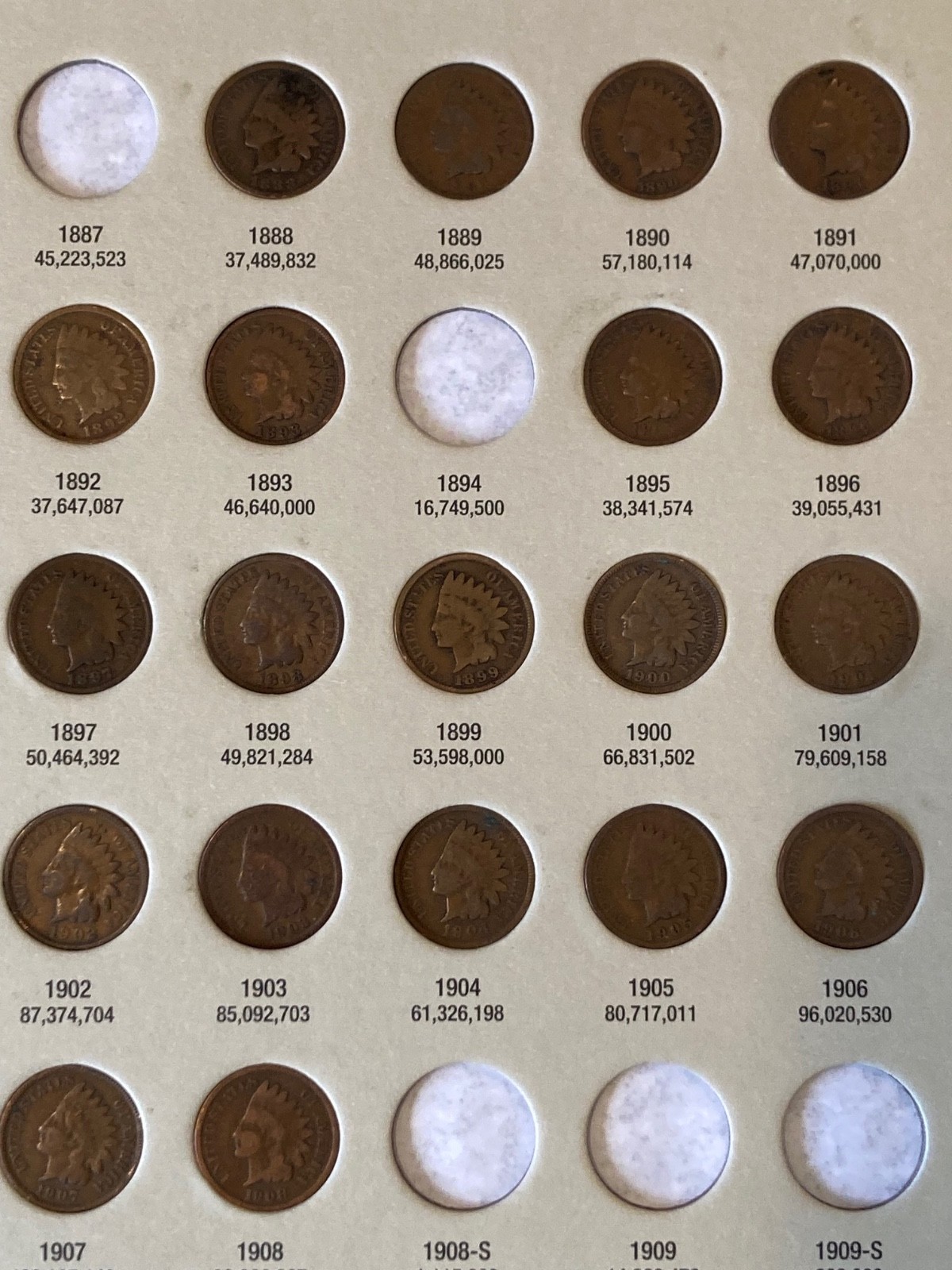 INDIAN CENT starter set in new folder, 20 different dates, nice decent coins