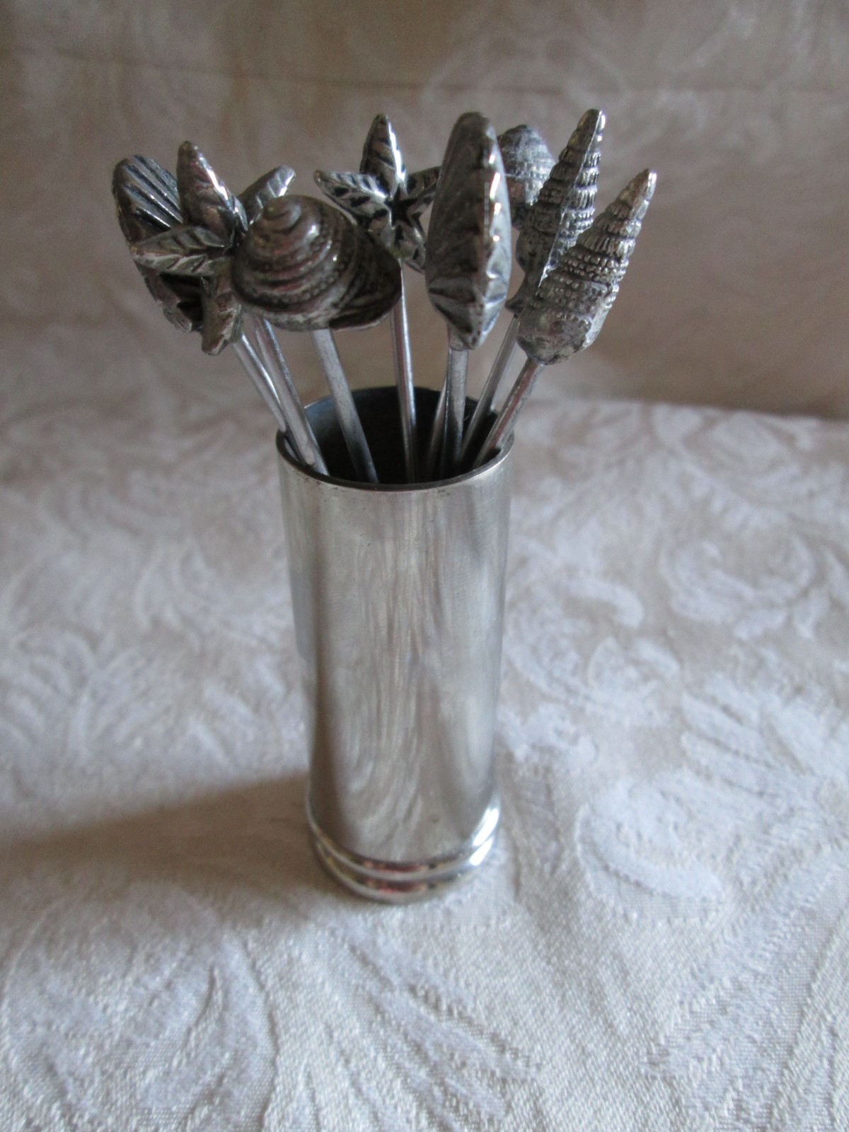 Vintage pewter 8 shell cocktail picks & holder