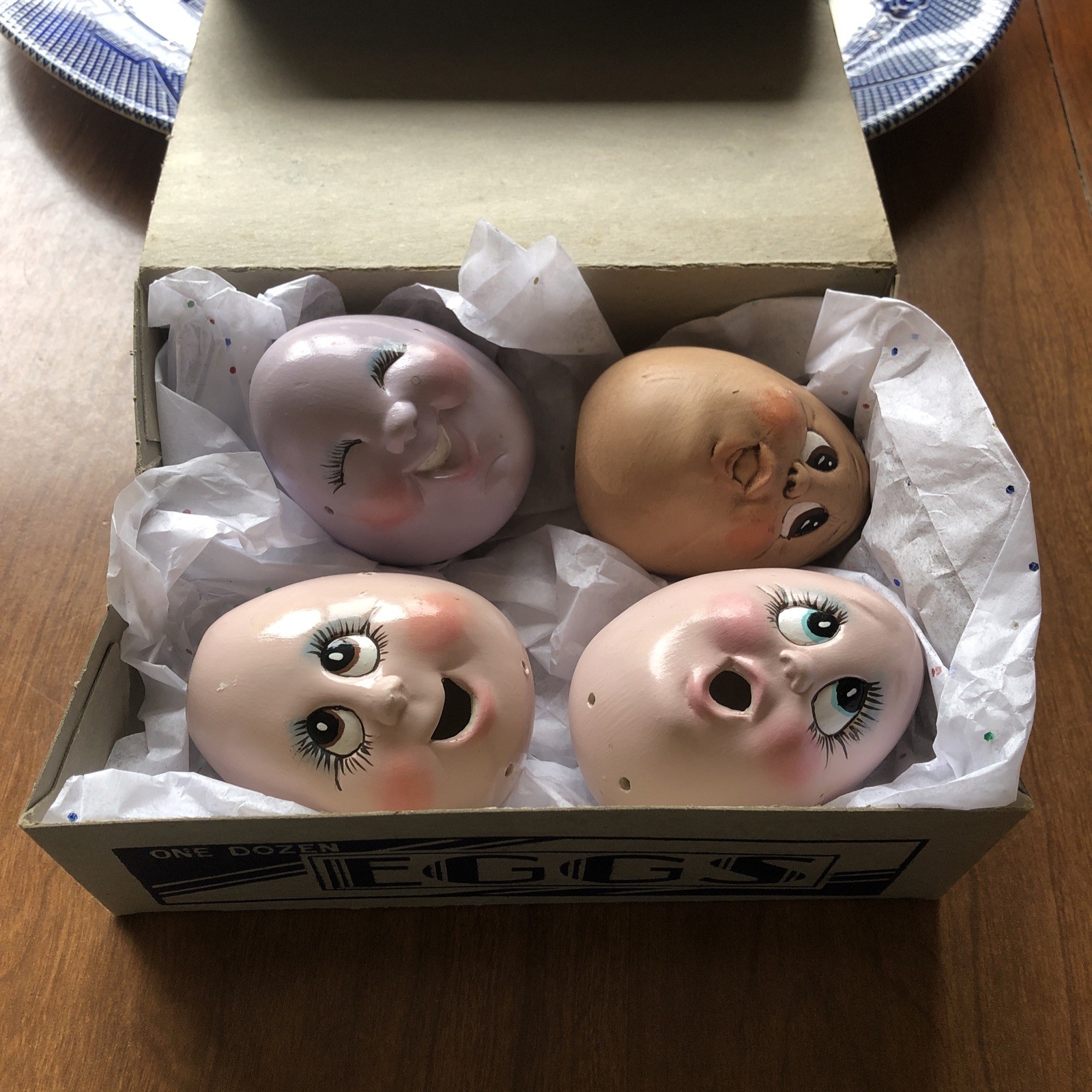 Vintage Ceramic Eggs In Antique Egg Carton