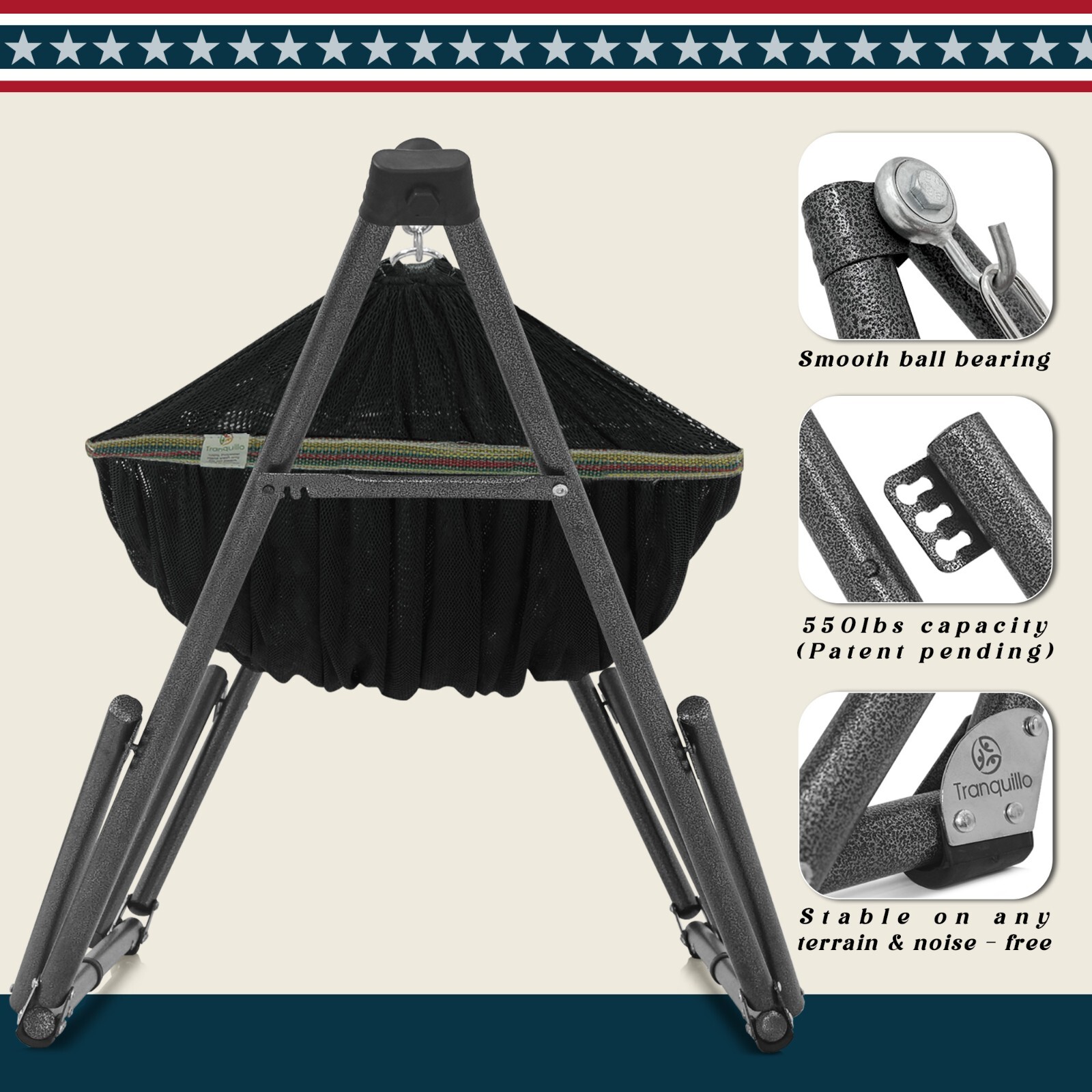 Tranquillo Adjustable Hammock Stand Camping Hammock and Stand 550lb, Black