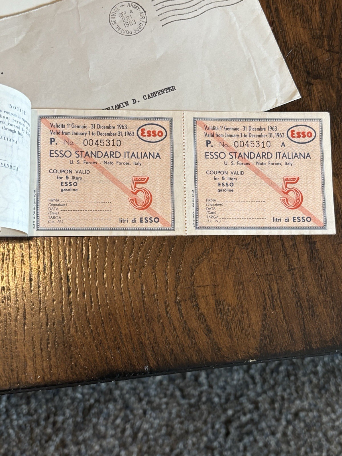 VINTAGE 1963 ESSO-NATO military Gas Coupon ￼U.S /NATO forces ￼ITALY (5liters)