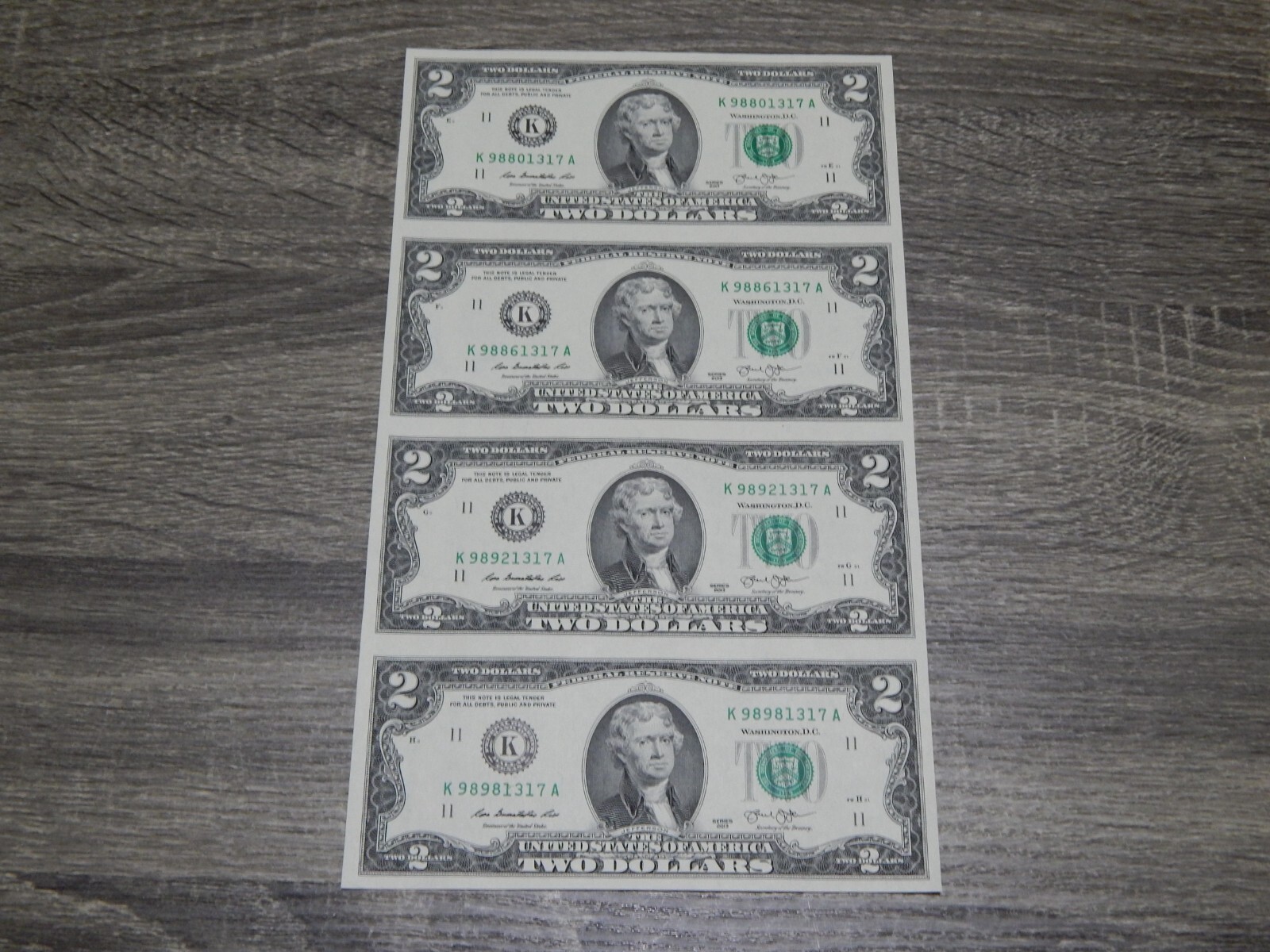 UNCUT SHEET OF (4) - U.S. $2 DOLLAR BILLS GEM UNC MAKES A GREAT GIFT ITEM # 319.