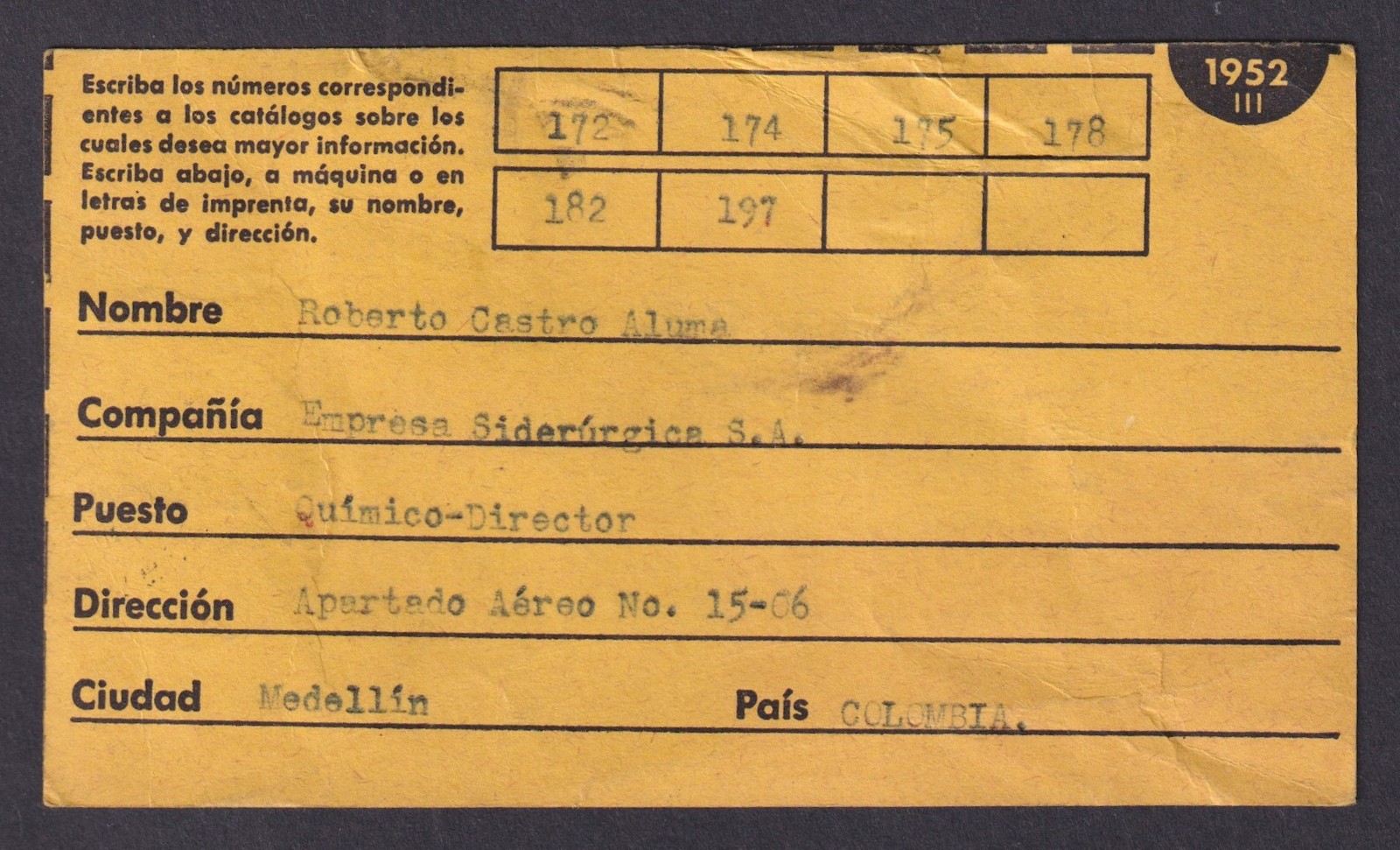 Colombia 1952 Special postcard Medellin to New York USA