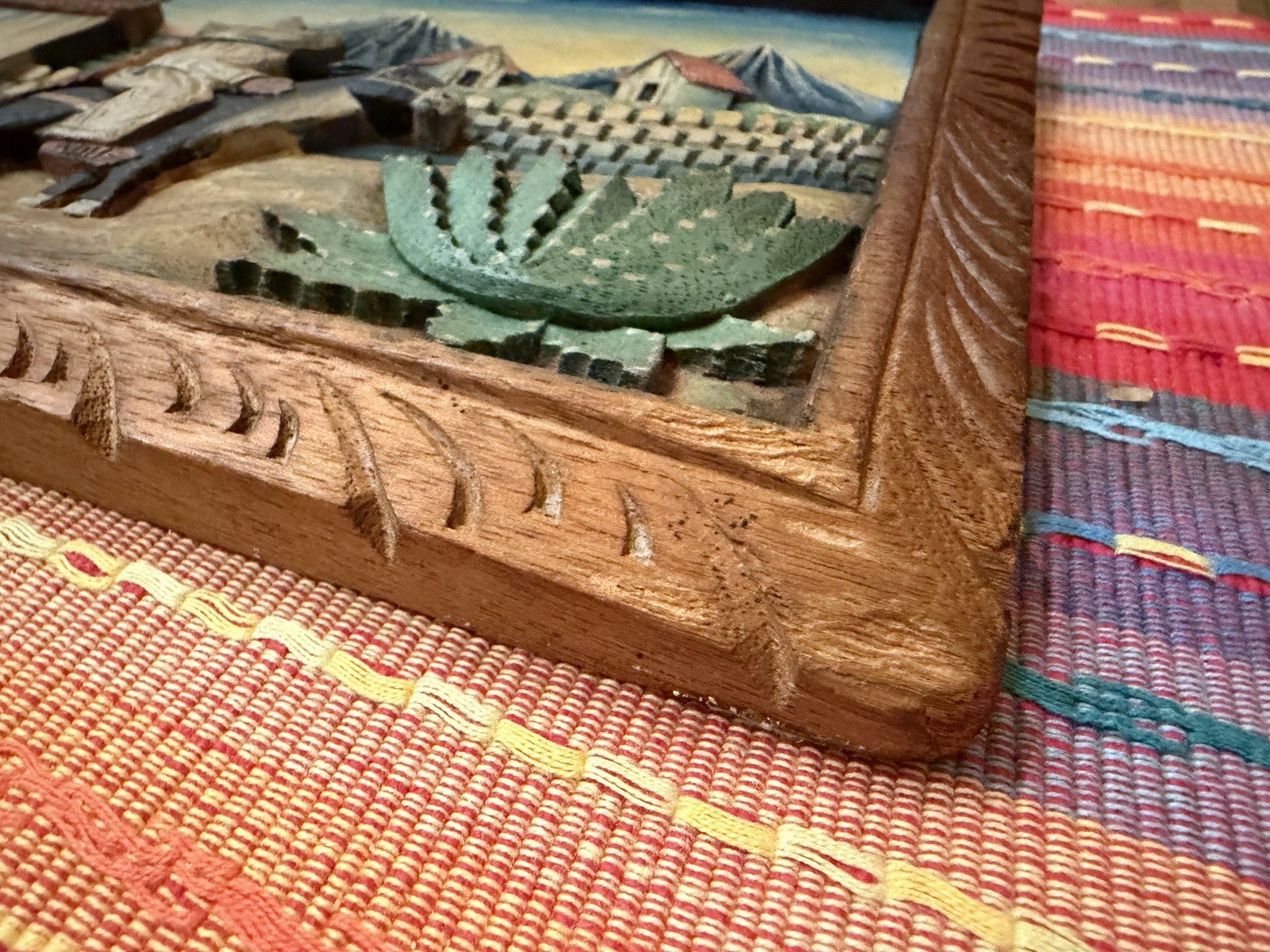 Vintage Mexican Folk Art Wood Carved Bas Relief 11 1/2” X 9”