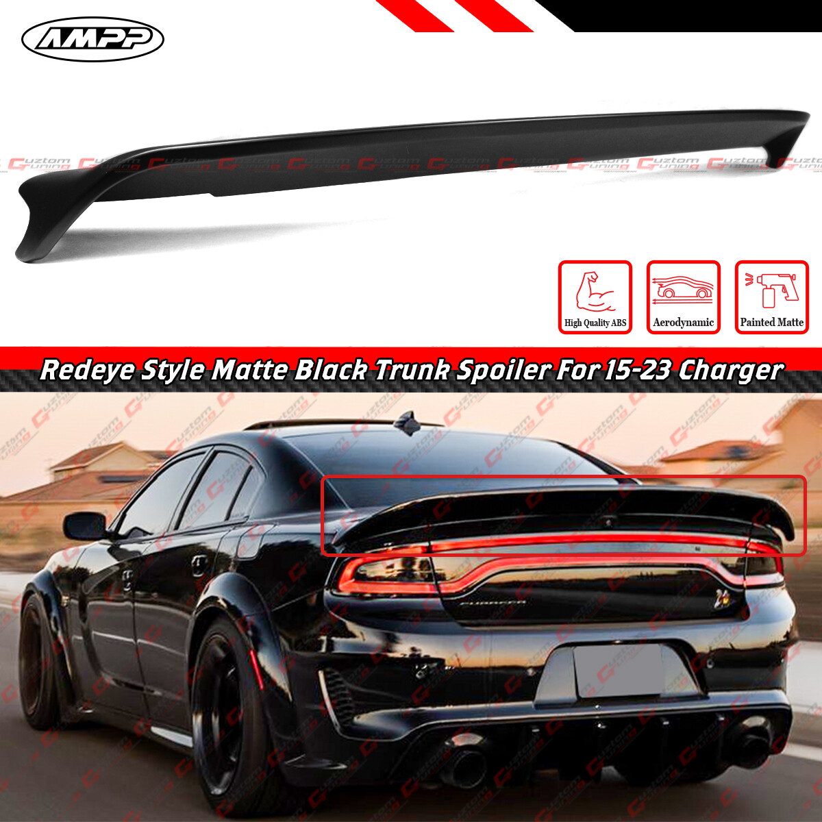 FOR 15-23 DODGE CHARGER AMPP REDEYE STYLE MATT BLACK HIGHKICK TRUNK SPOILER WING