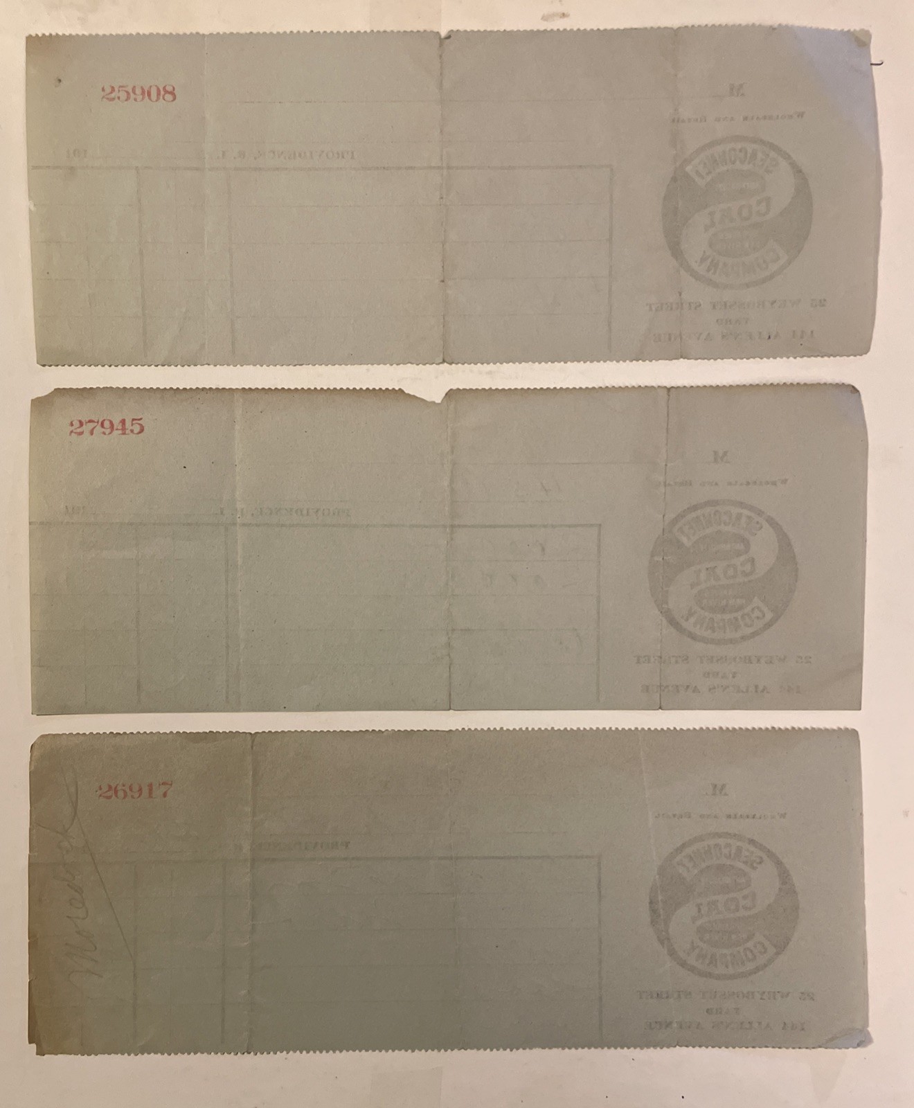 (3) 1911 Seaconnet Coal Co Providence Rhode Island Receipts 144 Allen’s Avenue