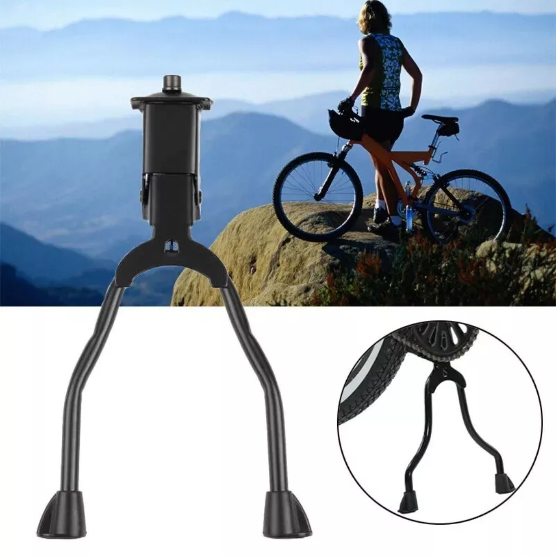Bicycle Double Leg Side Stand Kick Kickstand Bike Support Spring Center Black
