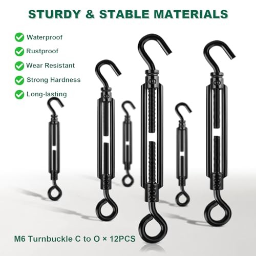 Premium Decorative Turnbuckle Hook & Eye, 12Pcs M6 x 5.9" Hook & Eye Black