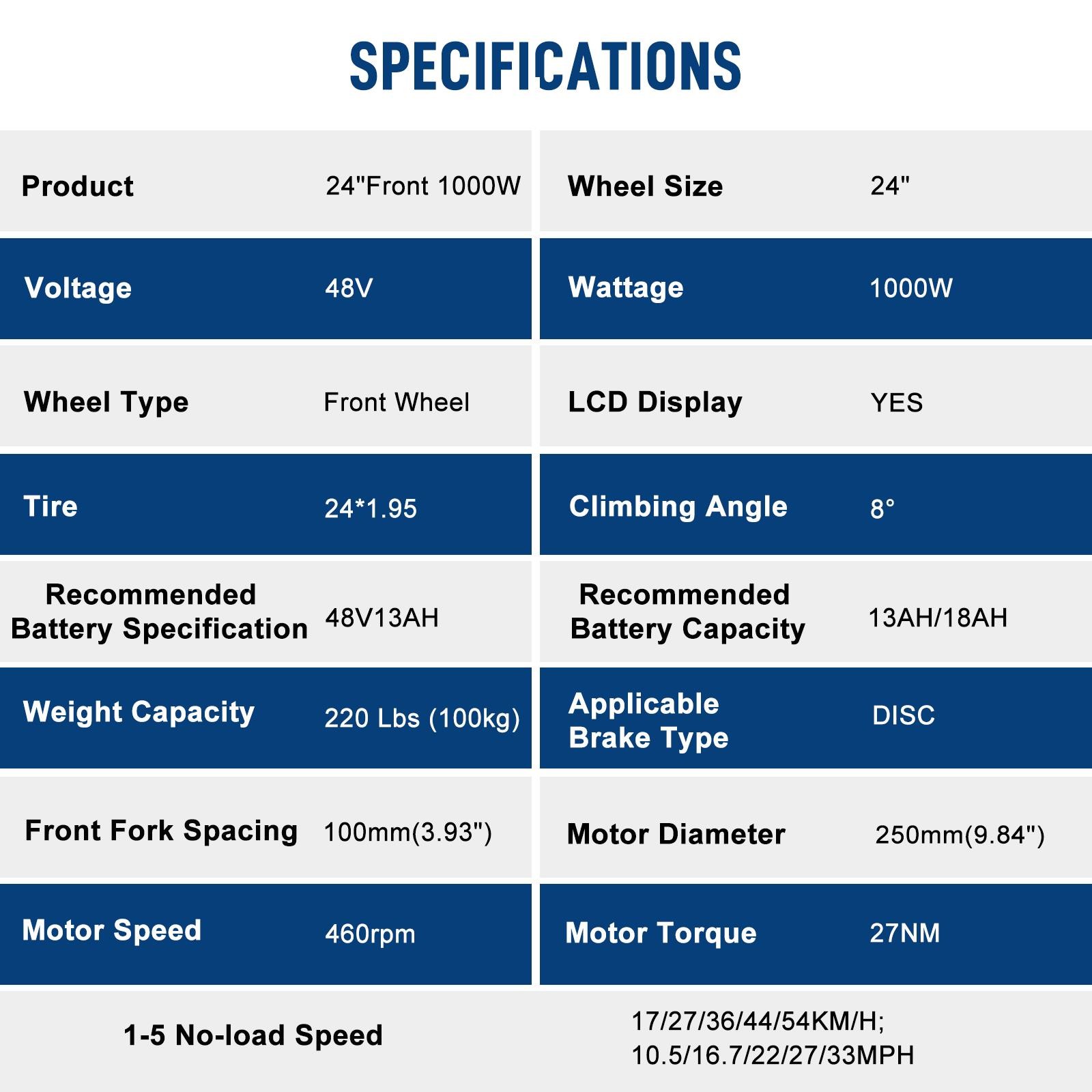 24 in Electric Bicycle Conversion Kit Front Wheel Ebike Motor Tire 48V 1000W