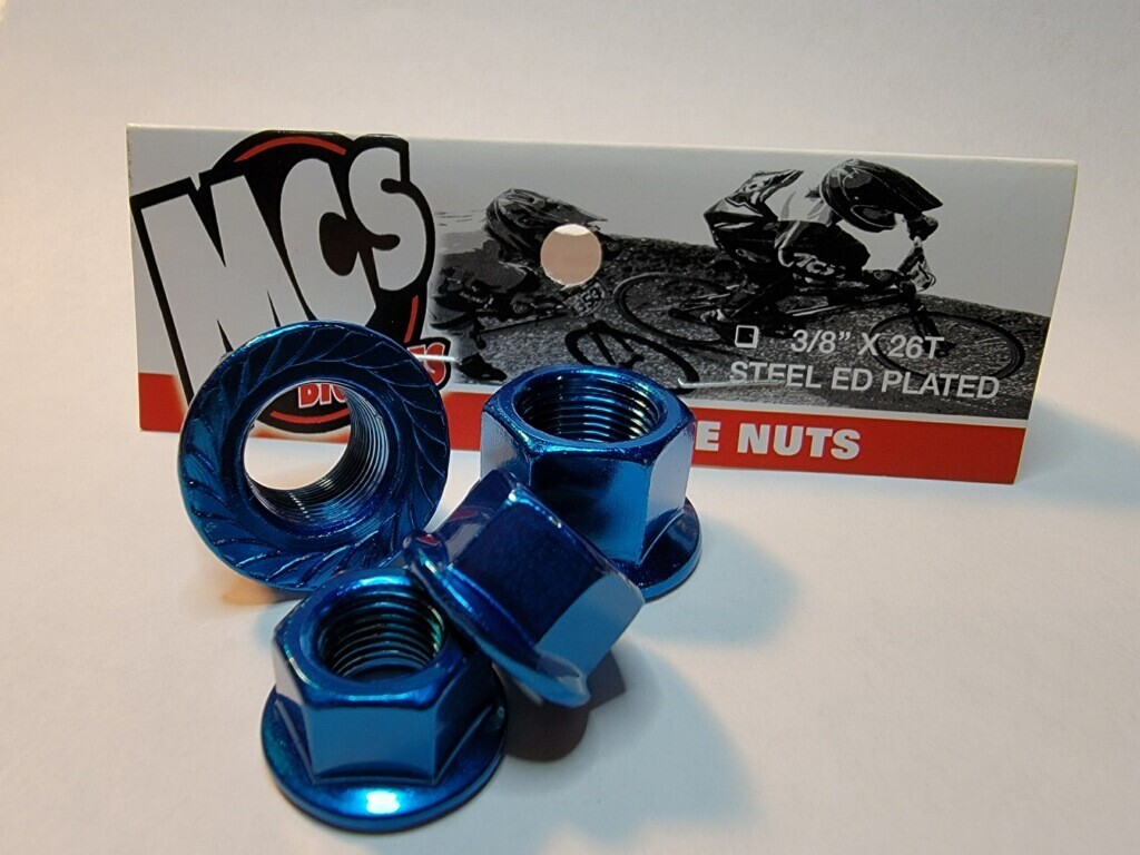MCS BMX AXLE NUTS SET ONE PAIR OF 3/8 AND ONE PAIR OF 14MM BLUE