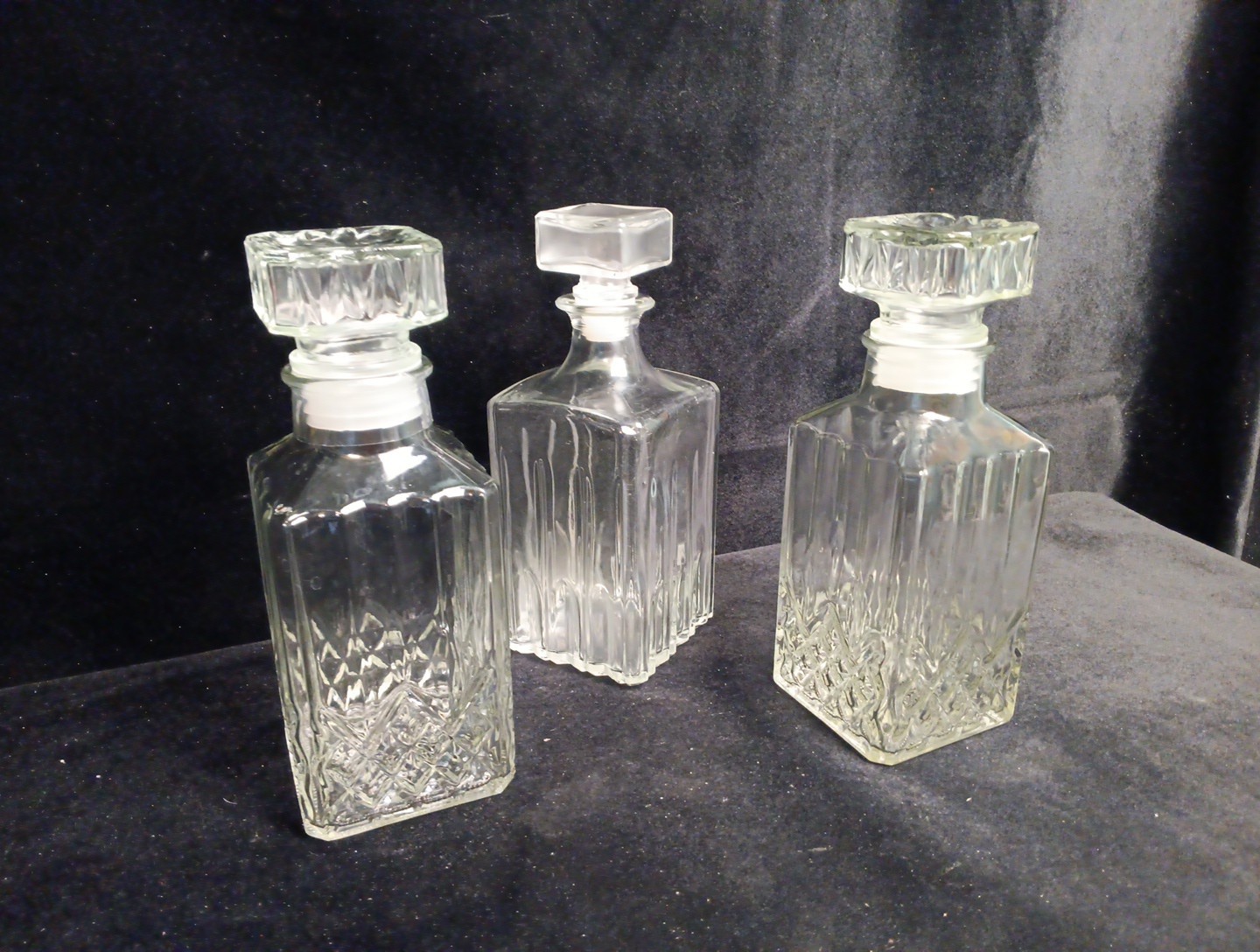 3 Square Heavy Crystal Glass 1 Glass Decanter 9"x3.5" Stoppers Great Condition