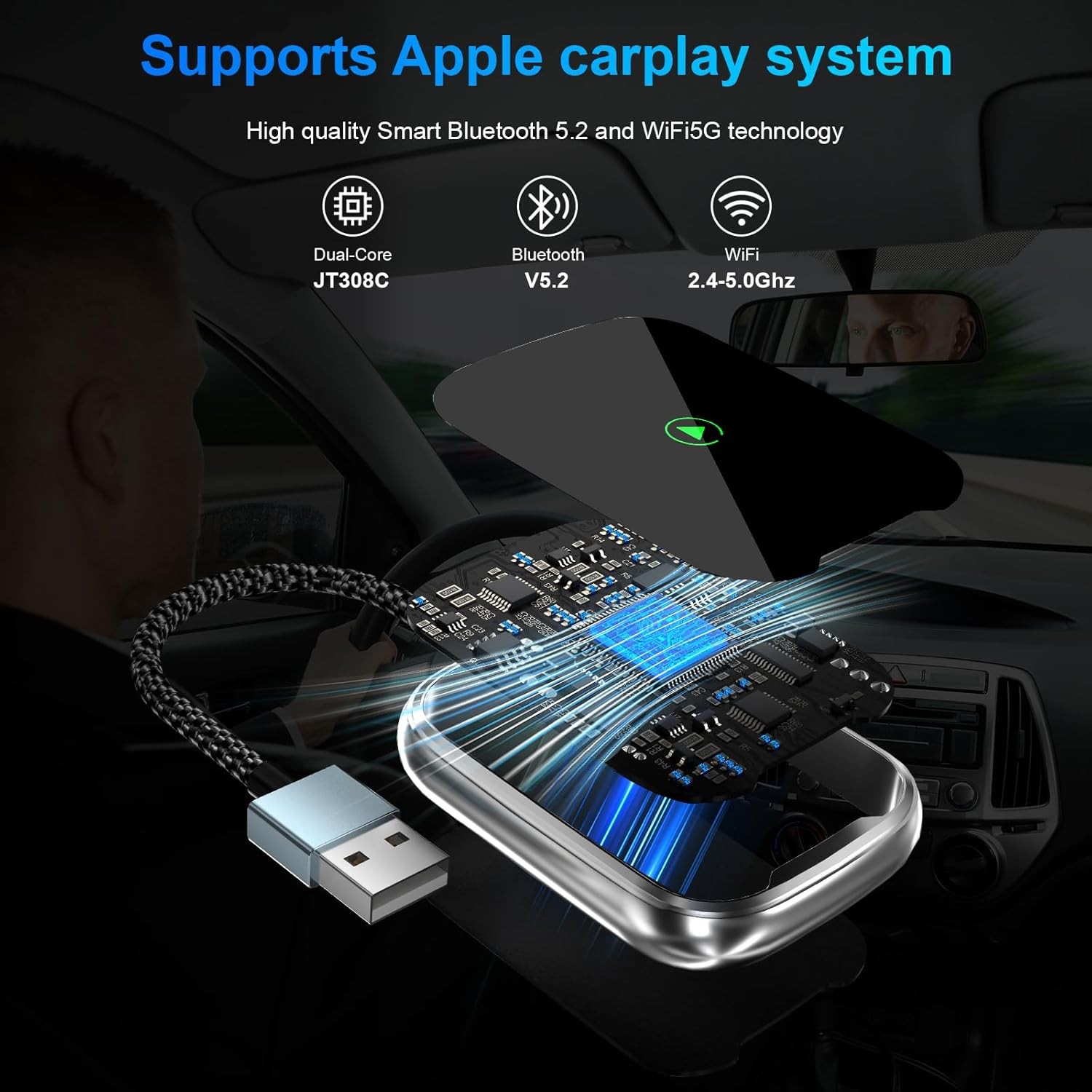 USB Wireless CarPlay Adapter For iPhone Apple Wireless Dongle Plug ＆Play Black