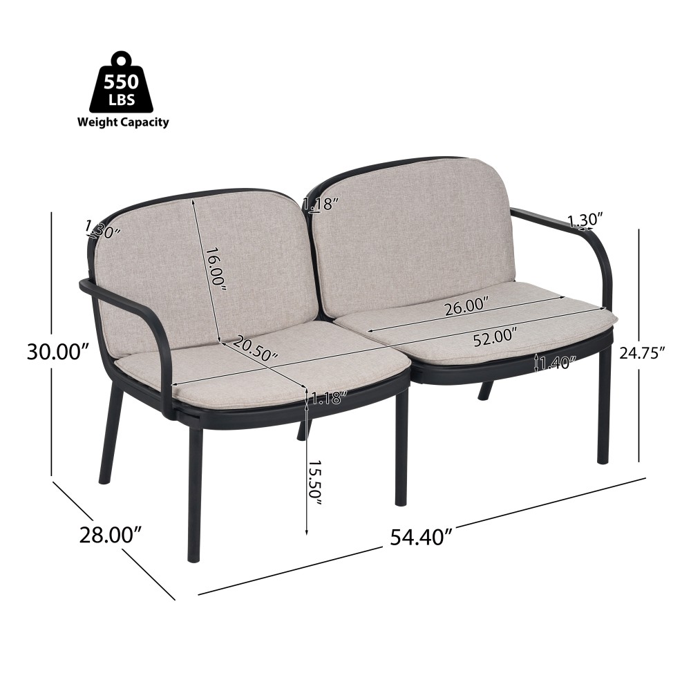 Outdoor Patio Loveseat with Weather Resistant Cushions, PP Frame, Black Beige