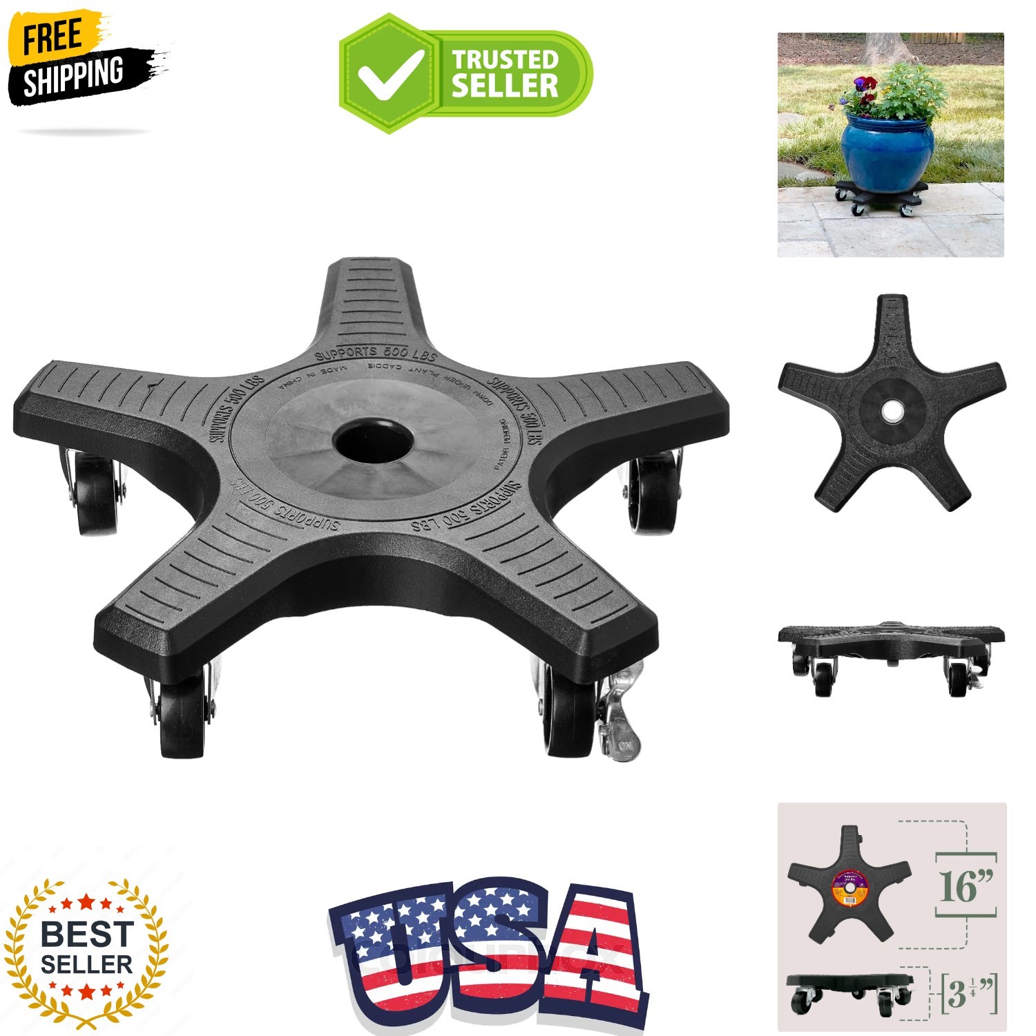 16" Plant Caddie - Heavy-Duty Rolling with Locking Wheels, 500 lb Capacity – ...