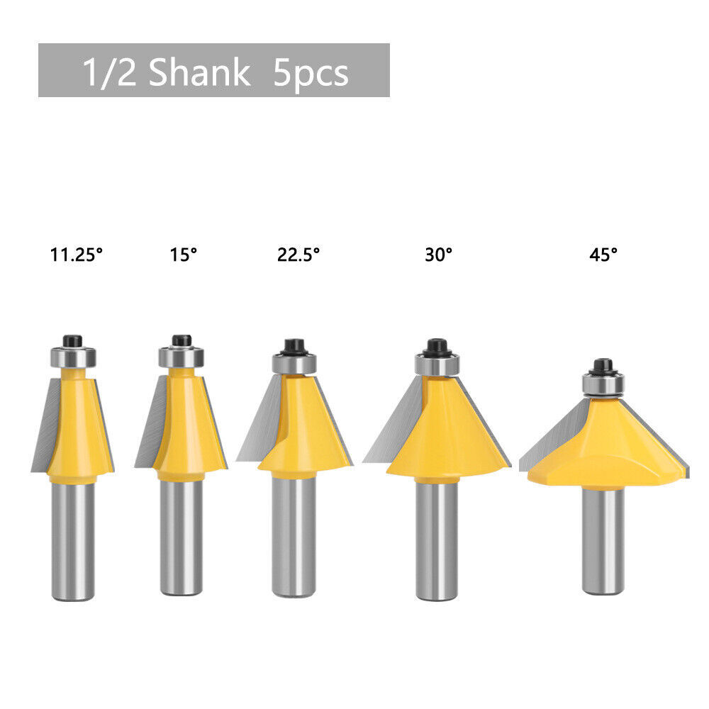 5 Bit Chamfer Edge Forming Router Bit Set - 1/2" Shank Woodworking Cutter