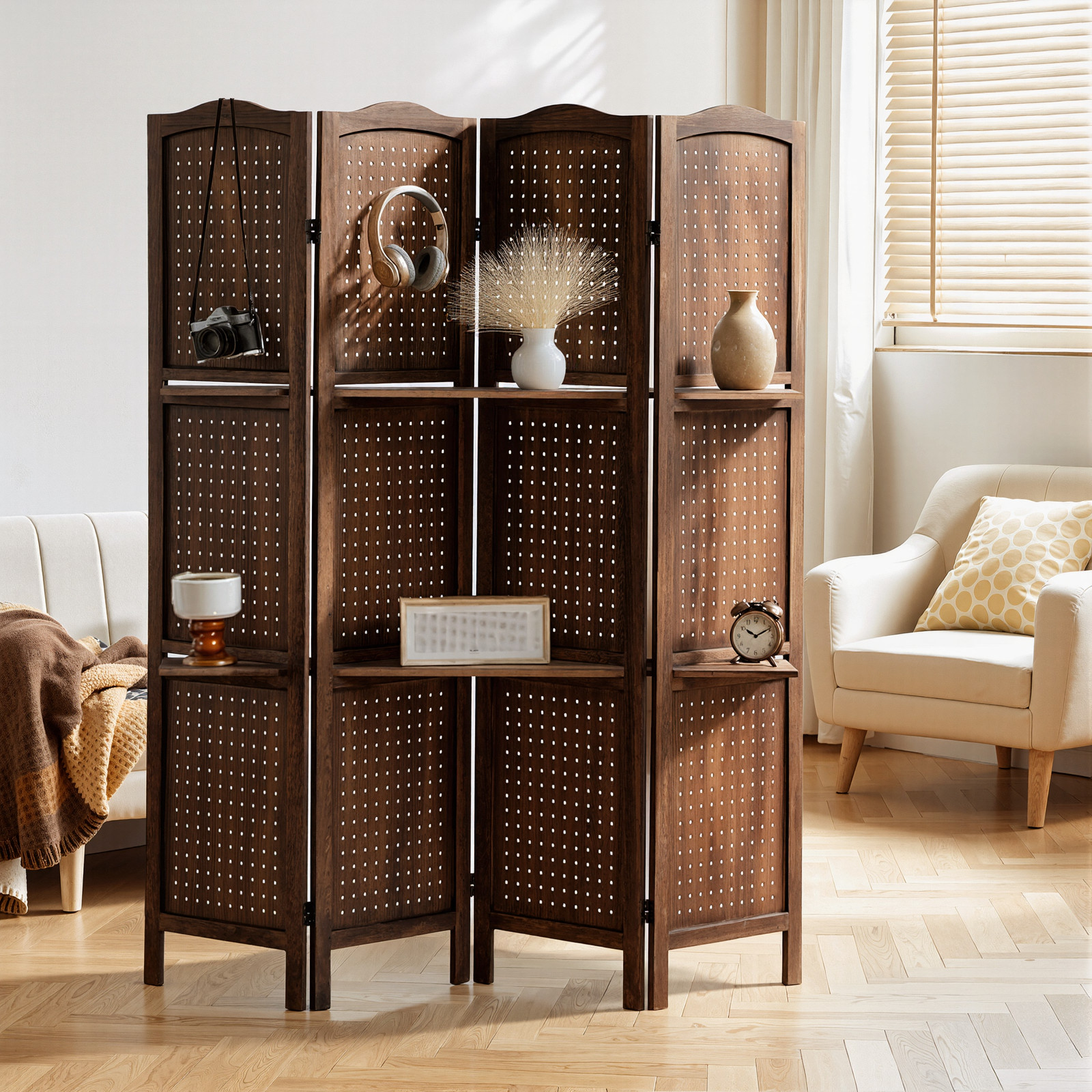 67" H Wood Room Dividers 4 Panel Pegboard Display Folding Privacy Screens Brown
