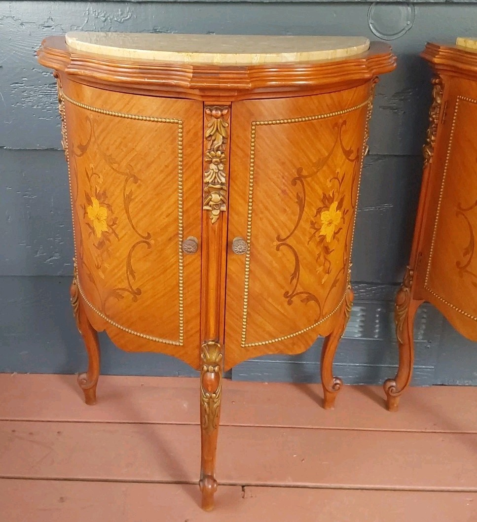 Vintage French Demilune Inlayed Wood End Tables w/Marble Tops 30 Tall X 23" Wide