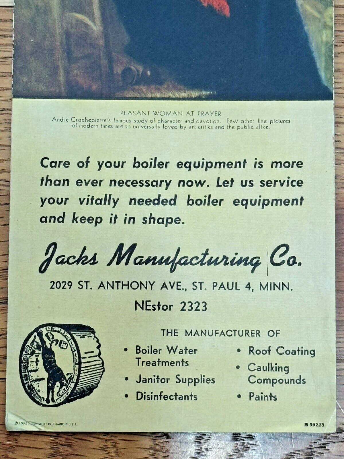 Jacks Manufacturing Co Ad Boiler Equipment Peasant Woman at Prayer B39223 USA