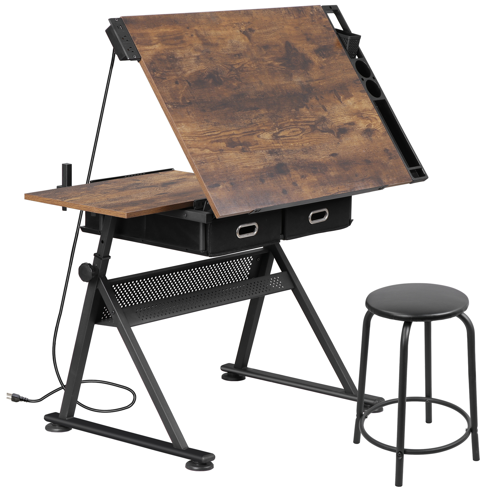 Drafting Drawing Table Adjustable Art Craft Desk with Power Outlet & Stool Retro