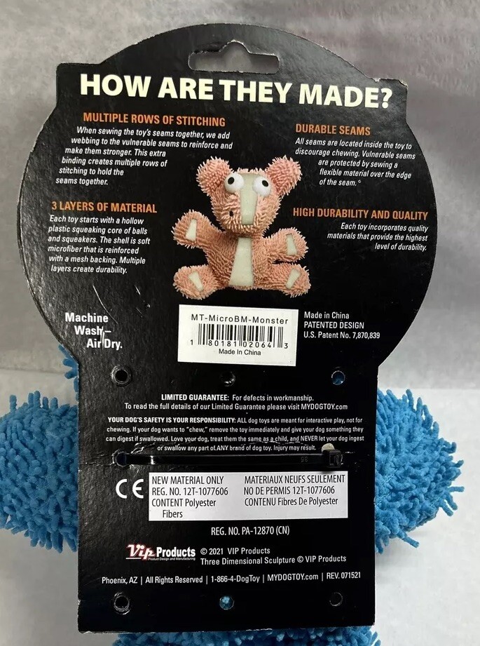 Tuffy Mighty Micro Fiber Ball Monster Dog Squeaker Toy Durable Floats M-L 🐶