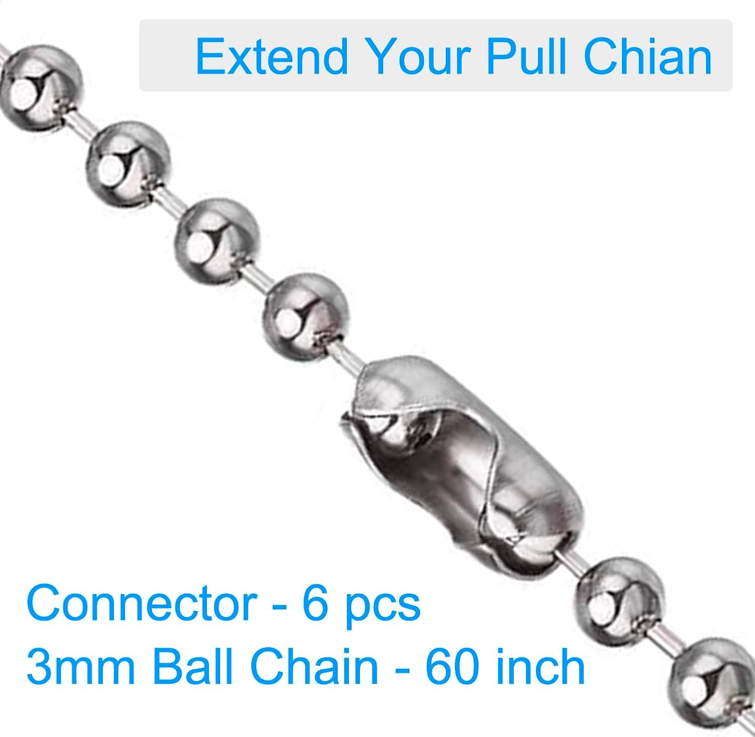 60 In Ceiling Fan Pull Chain Extension Silver 3mm Stainless Steel Ball Chain Set