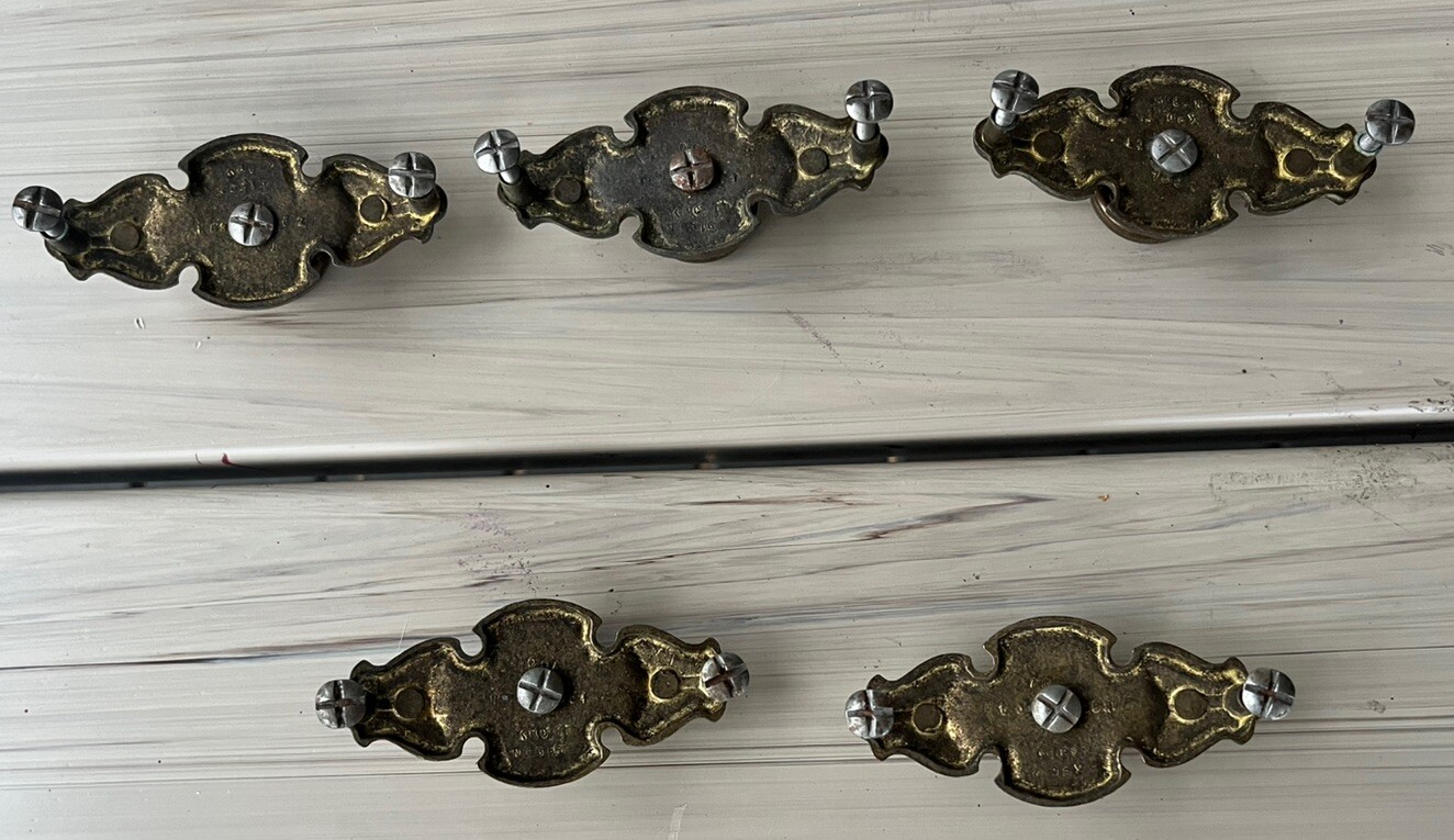 Vintage Brass Drawer Pulls With 3 3/8 In Back Plate, 3 In Center, Lot Of 5 +