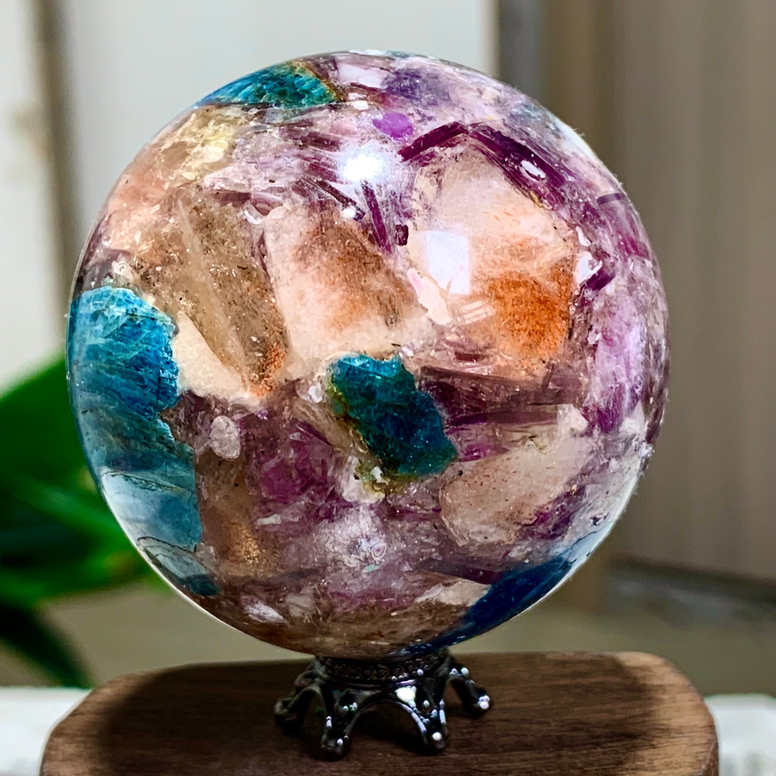 160G Natural Blue Aptite +Sun Stone purple lepidolite Sphere mineral sample