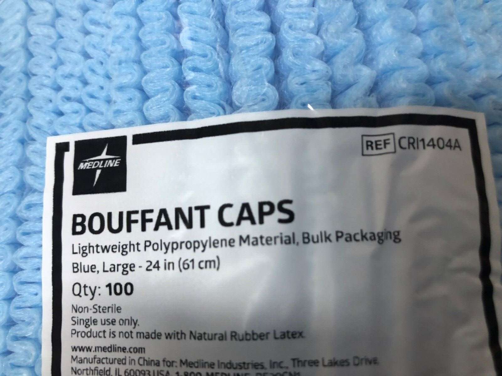 1000 Case - Medline 24" Blue Bouffant Cap Non Woven Disposable Hairnet CRI1404A