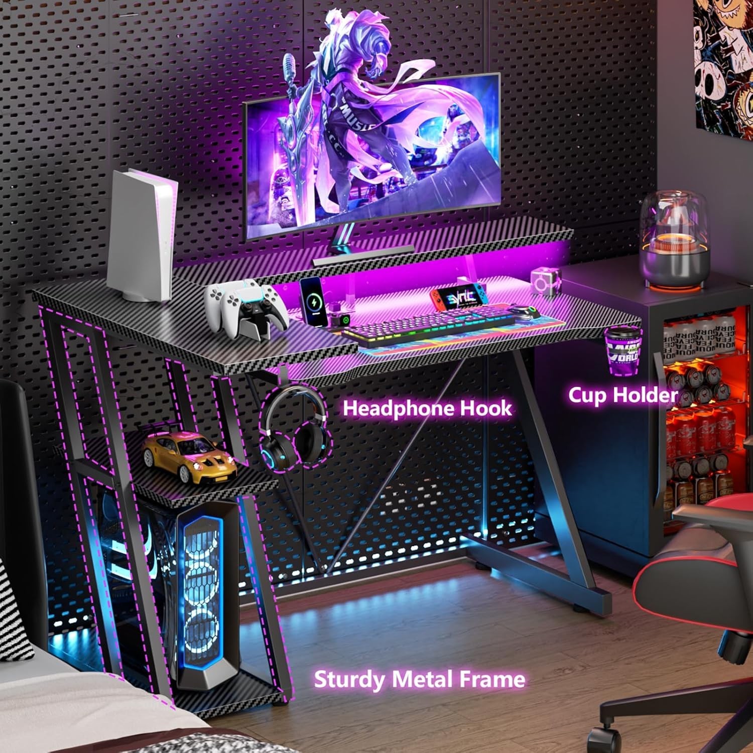 40 Inch Gaming Desk with Power Outlet & LED Lights, L Shaped Computer Gaming