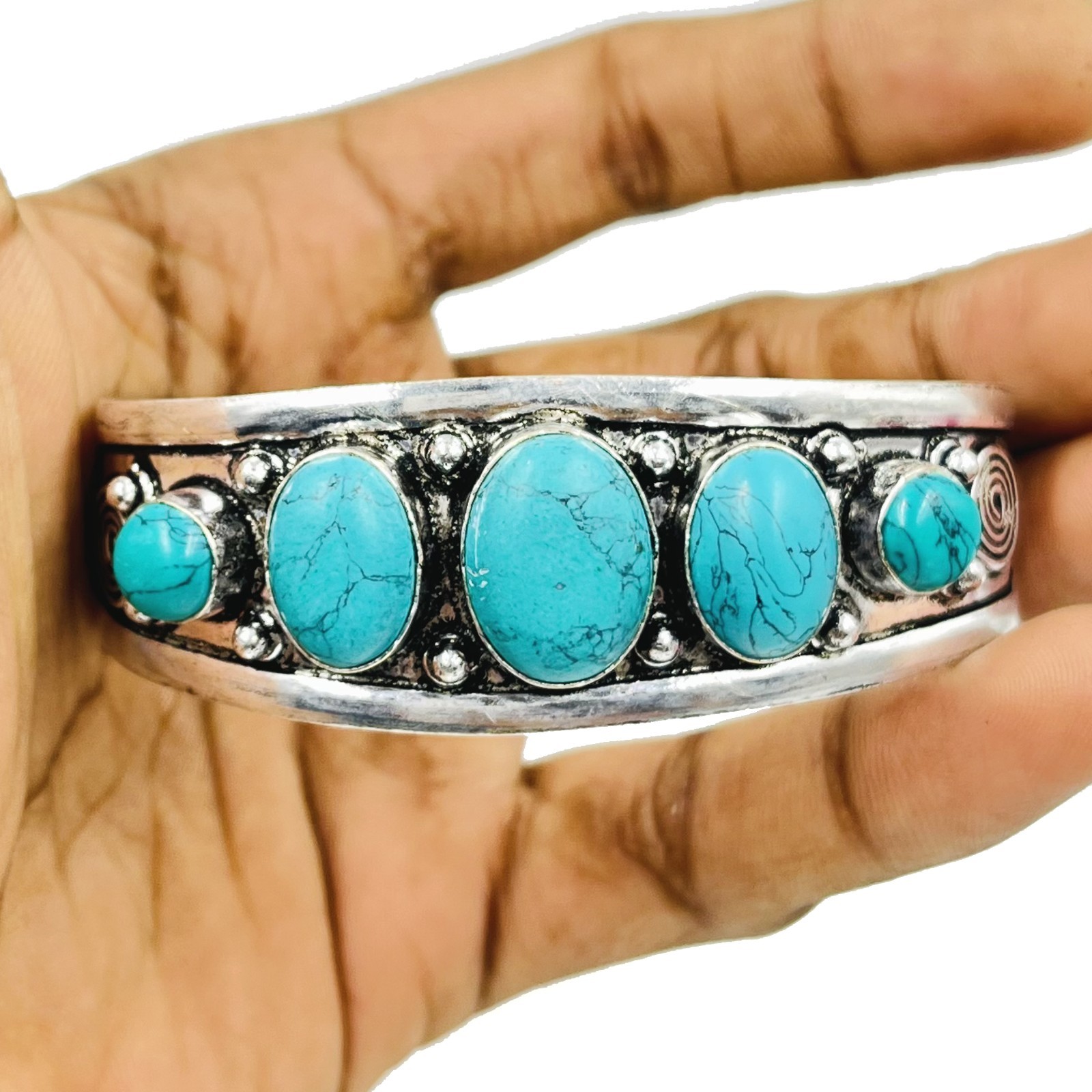 925 Sterling Silver 5 Oval Turquoise Gemstone Jewelry Handmade Cuff Bracelet