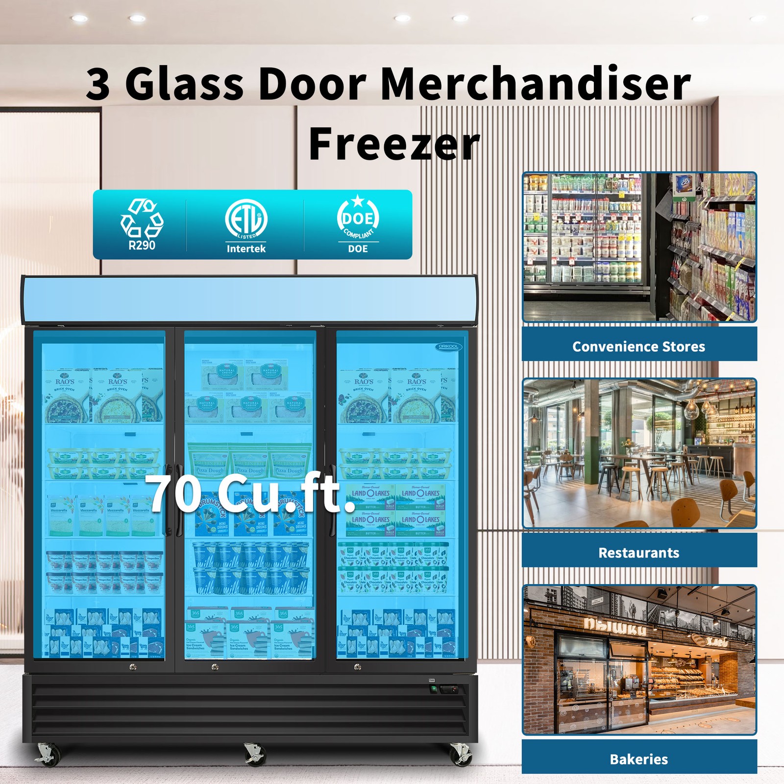 70 cu.ft Commercial Freezer Glass 3 Door Merchandiser Reach-In Display Freezer