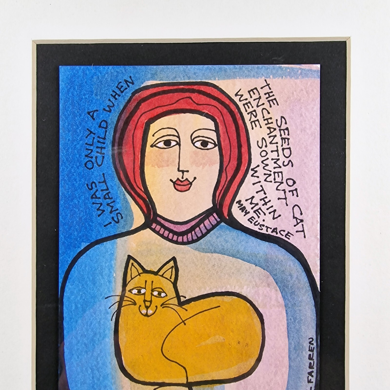 Lynne Farren Watercolor Painting Cat Held by Woman with Quote by May Eustace PNW