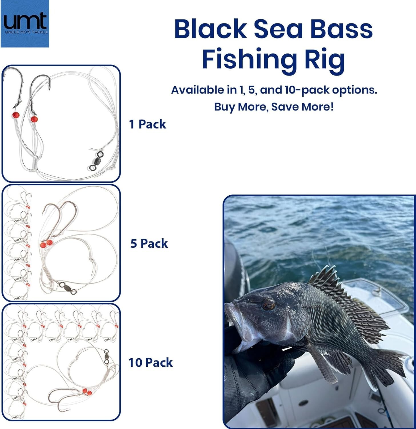 UMT - 10 Pack Hi/Lo Sea Bass Rigs Mustad 3/0 Bait Hooks, 60lb Line, 80lb Swivel