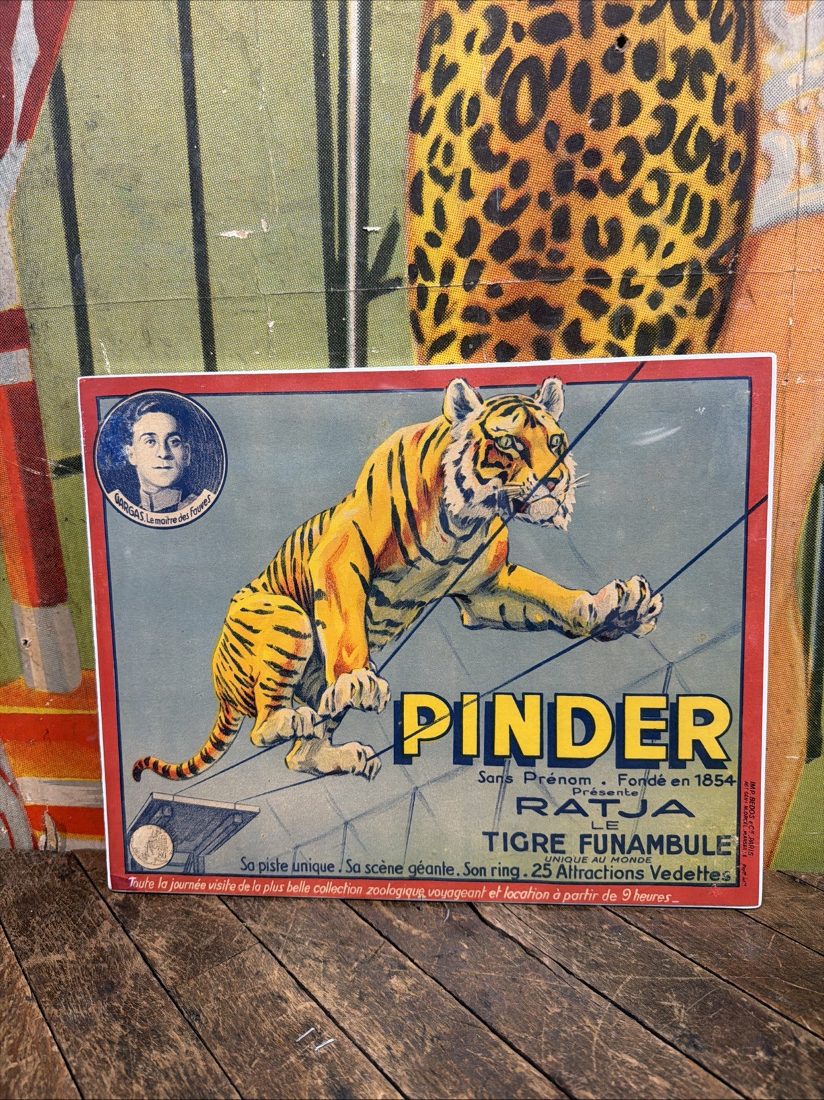 ANTIQUE 1922 PINDER RATJA TIGER TIGHTROPE WALKER CIRCUS POSTER SIGN CARNIVAL ZOO