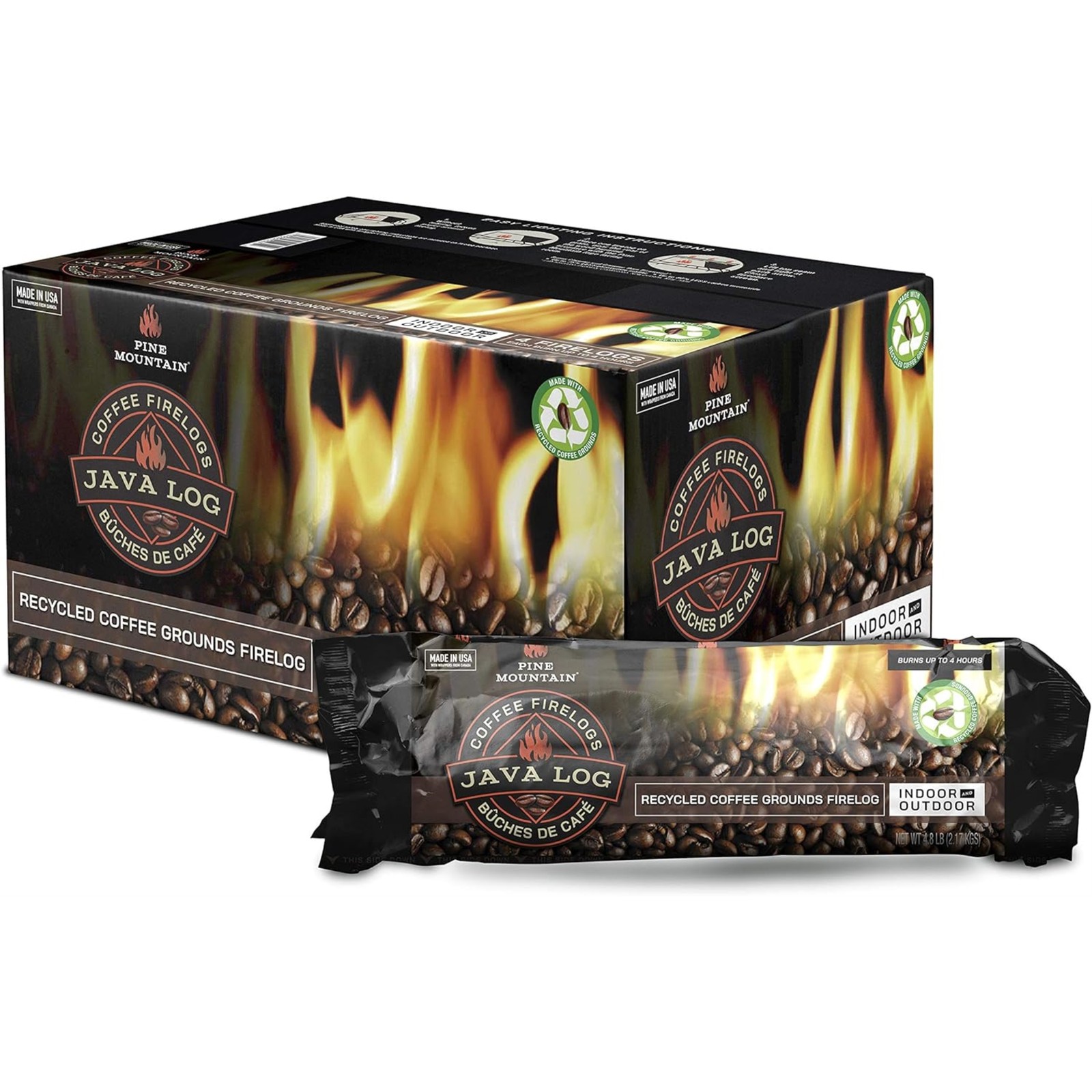 Pine Mountain Java-Log Firelogs — Coffee-Scented, Indoor & Outdoor (4 Pack)