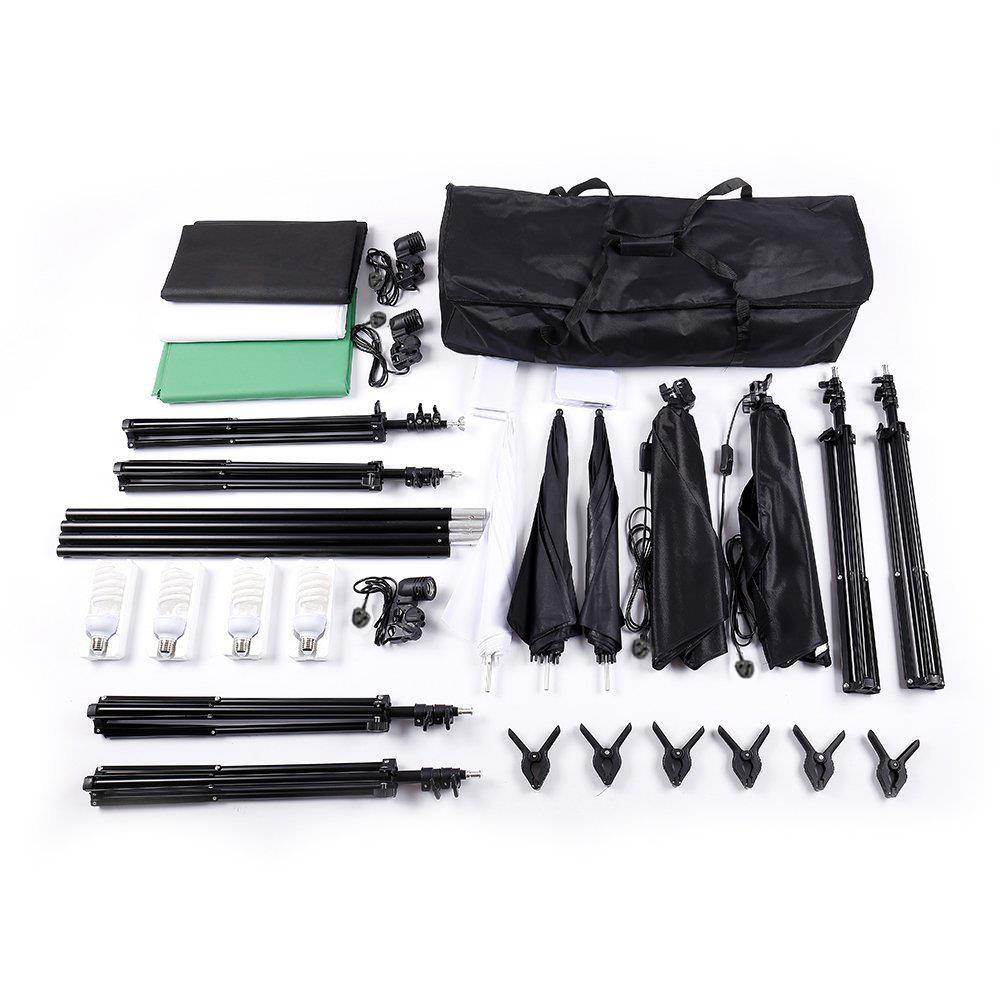 Photo Studio Photography Kit 4x Light Bulb Lighting 3 Color Backdrop Stand Set
