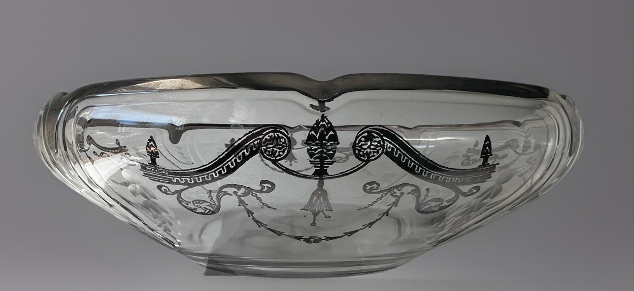 Antique Edwardian Bowl 9” in Diameter With Sterling Silver Inlay Etched 1900’s